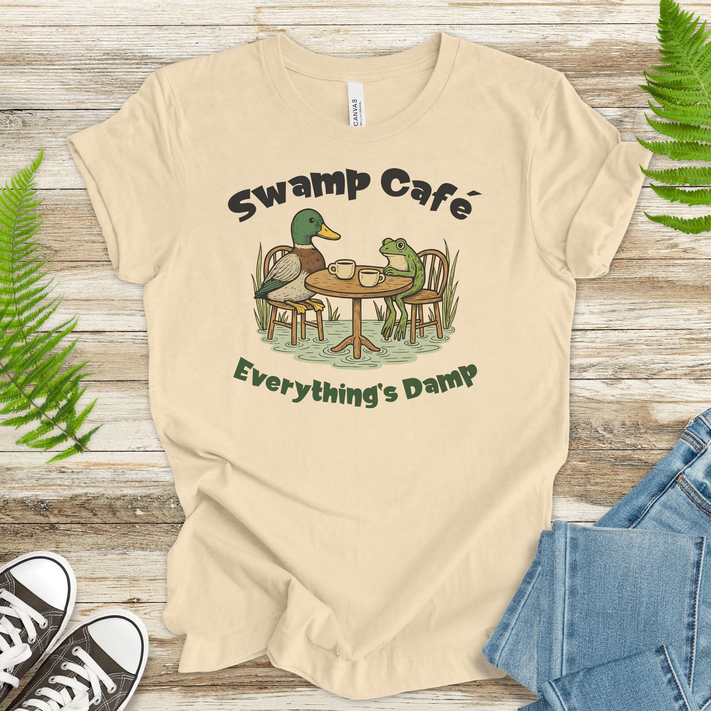 Swamp Café Funny Frog & Duck Coffee T-Shirt – Retro Nature Meme Gift