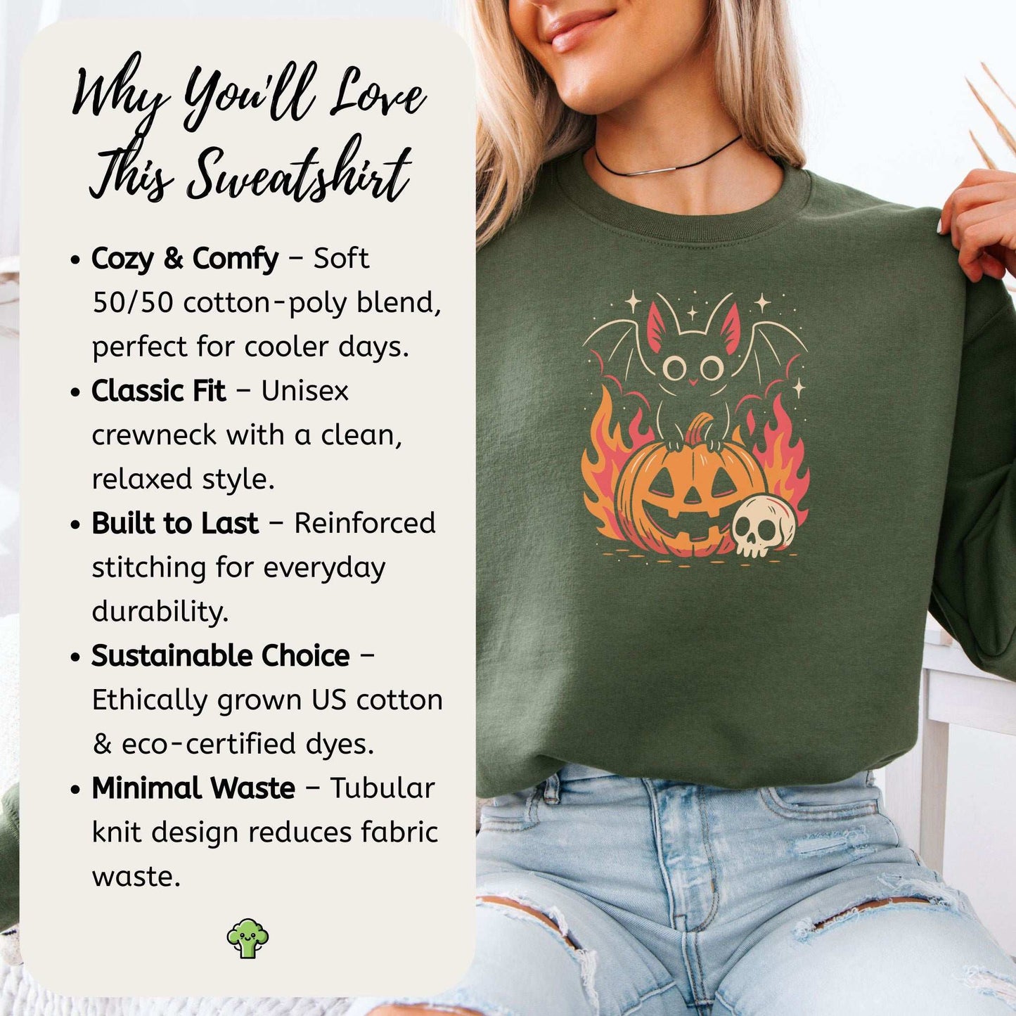 Spooky Bat Halloween Sweatshirt – Cute Gothic Pumpkin Fire Vibes