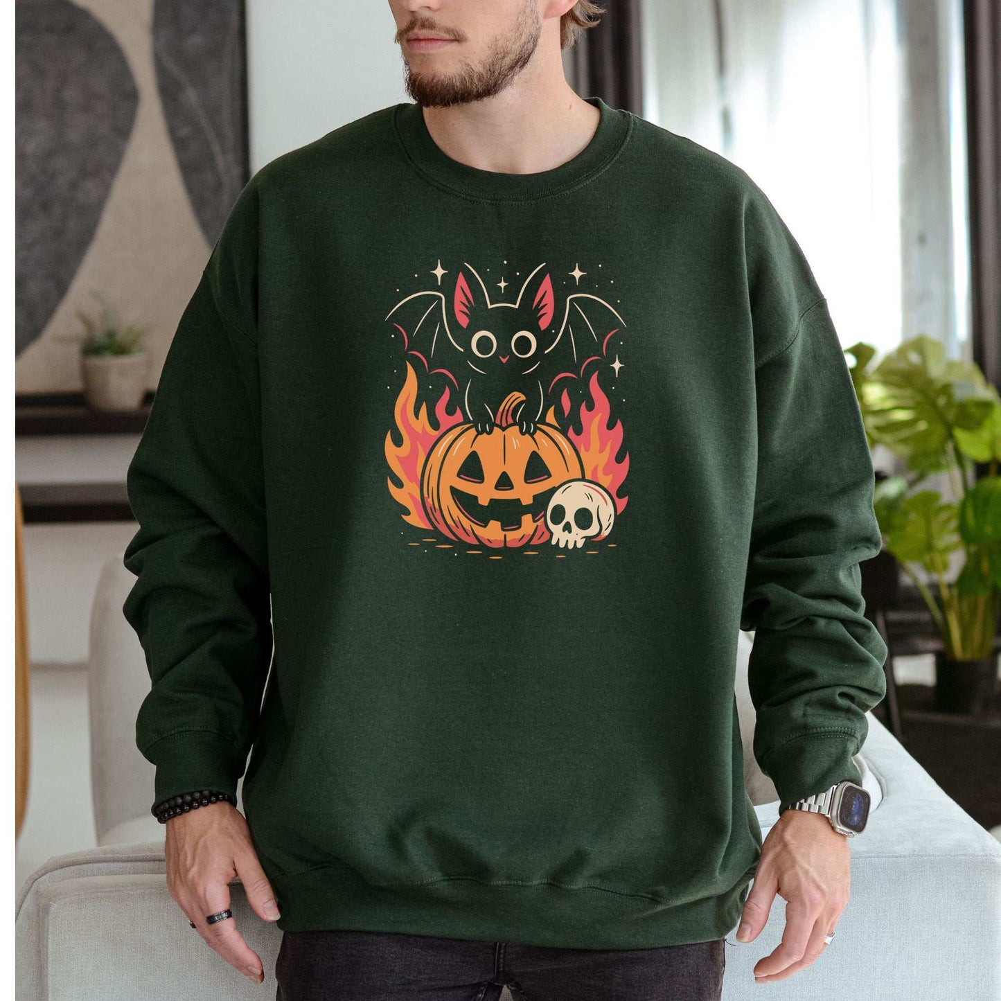 Spooky Bat Halloween Sweatshirt – Cute Gothic Pumpkin Fire Vibes