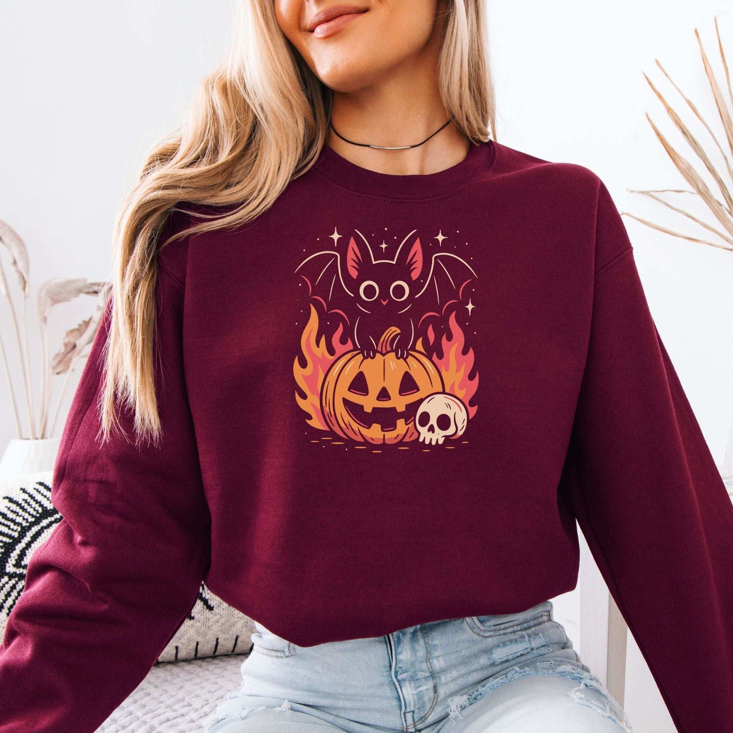 Spooky Bat Halloween Sweatshirt – Cute Gothic Pumpkin Fire Vibes