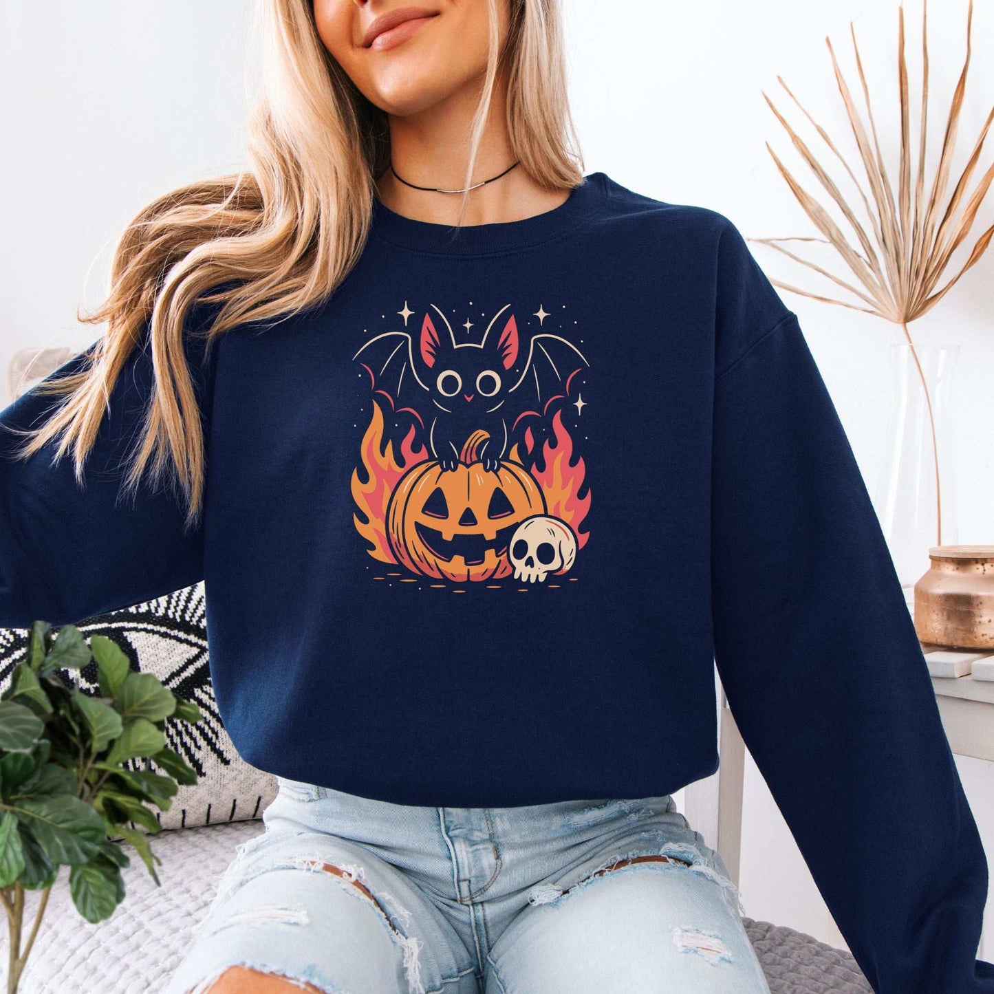 Spooky Bat Halloween Sweatshirt – Cute Gothic Pumpkin Fire Vibes