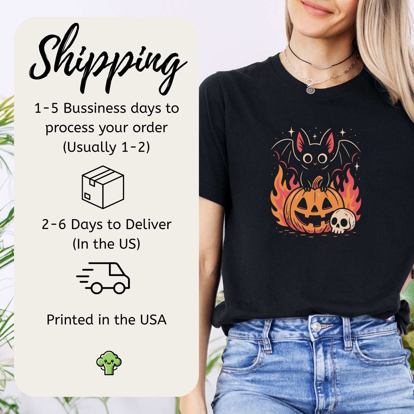 Spooky Bat Halloween T-Shirt featuring a cute gothic bat, pumpkin, and flames design, perfect for fall vibes.