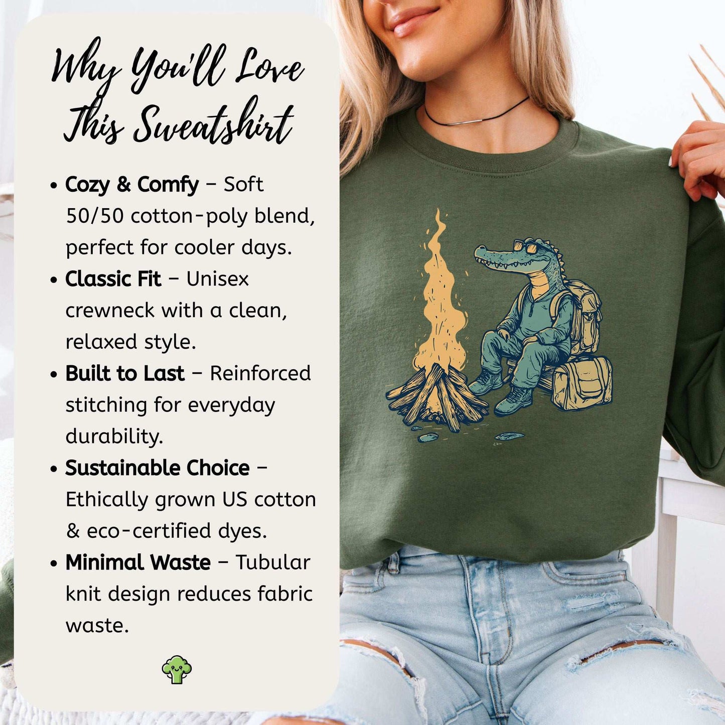 Campfire Crocodile Sweatshirt – Chill Vibes by the Fire for Wild-Hearted Campers