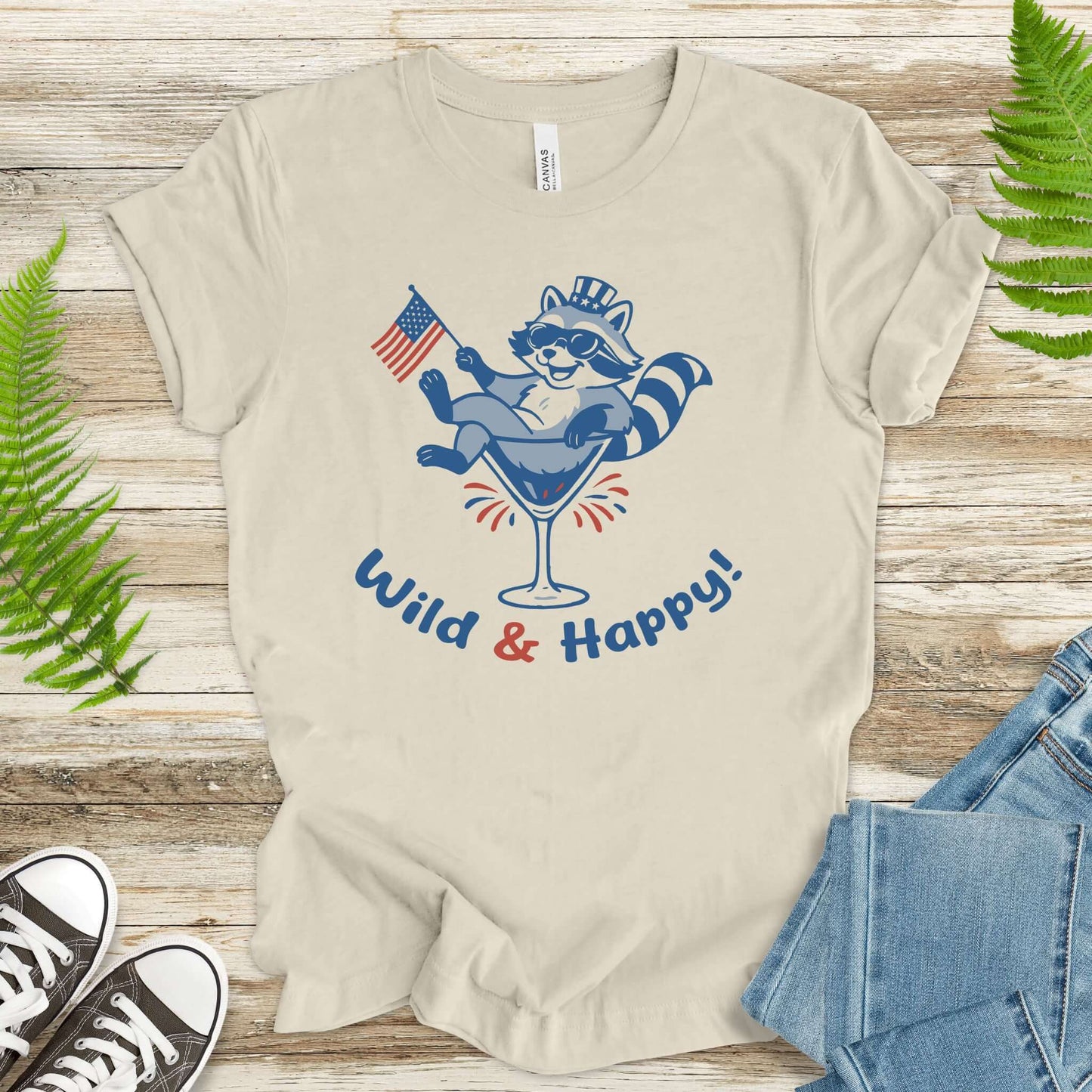 Wild & Happy Raccoon 4th of July T-Shirt – Funny Patriotic Animal Party Tee