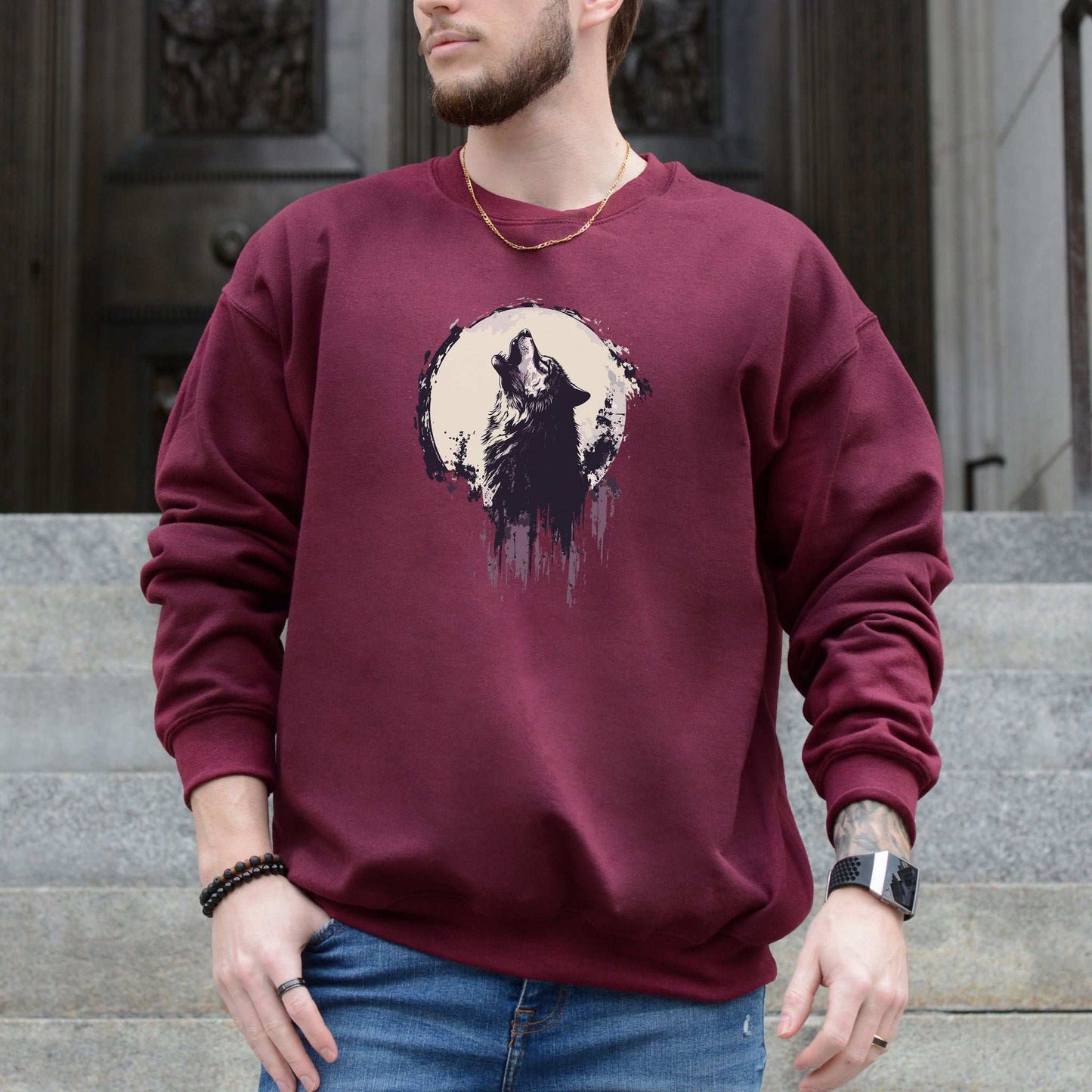 Howling Wolf & Moon Sweatshirt – Wild Spirit Under the Night Sky