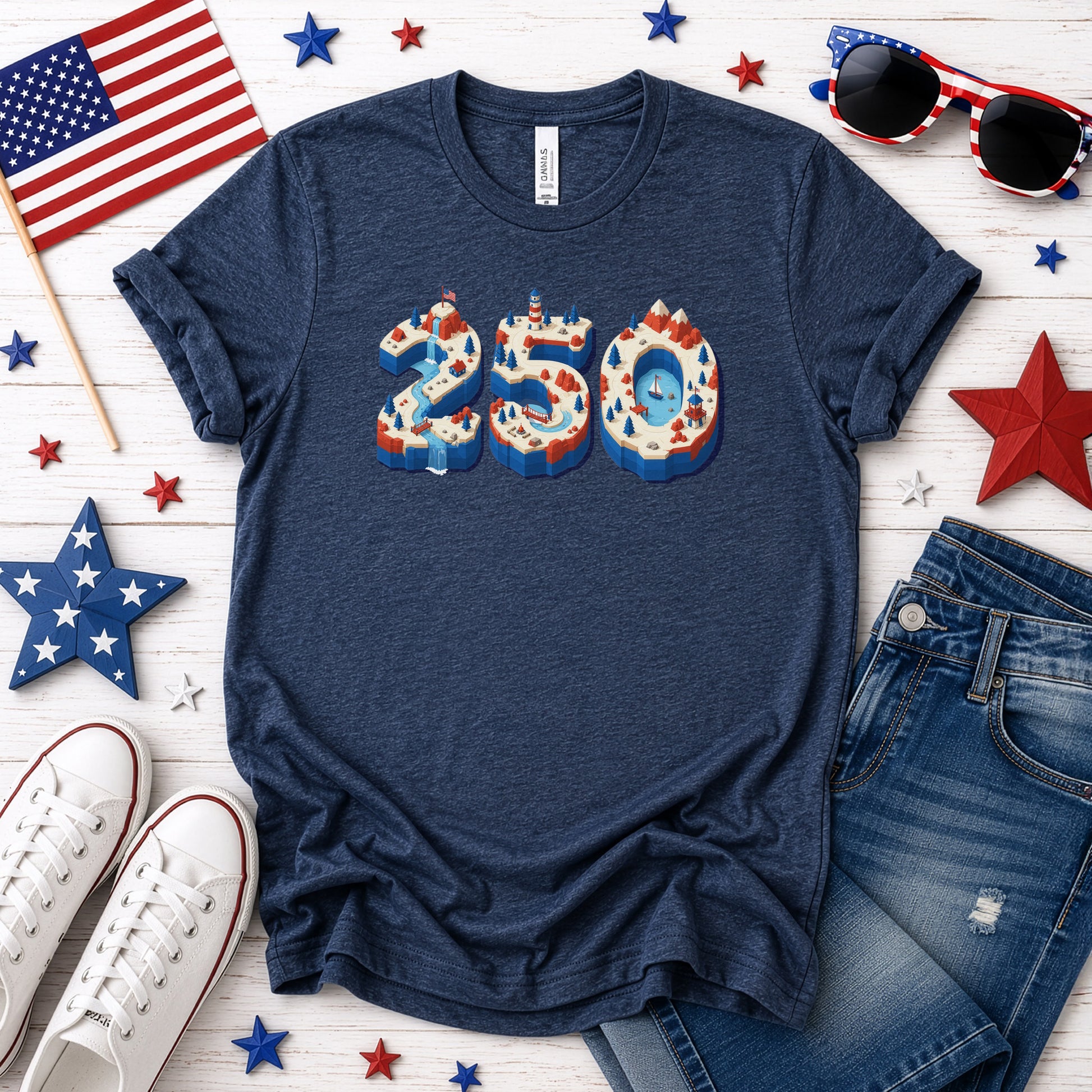 USA 250th Anniversary Isometric 4th July Lighthouse Adventure T-Shirt