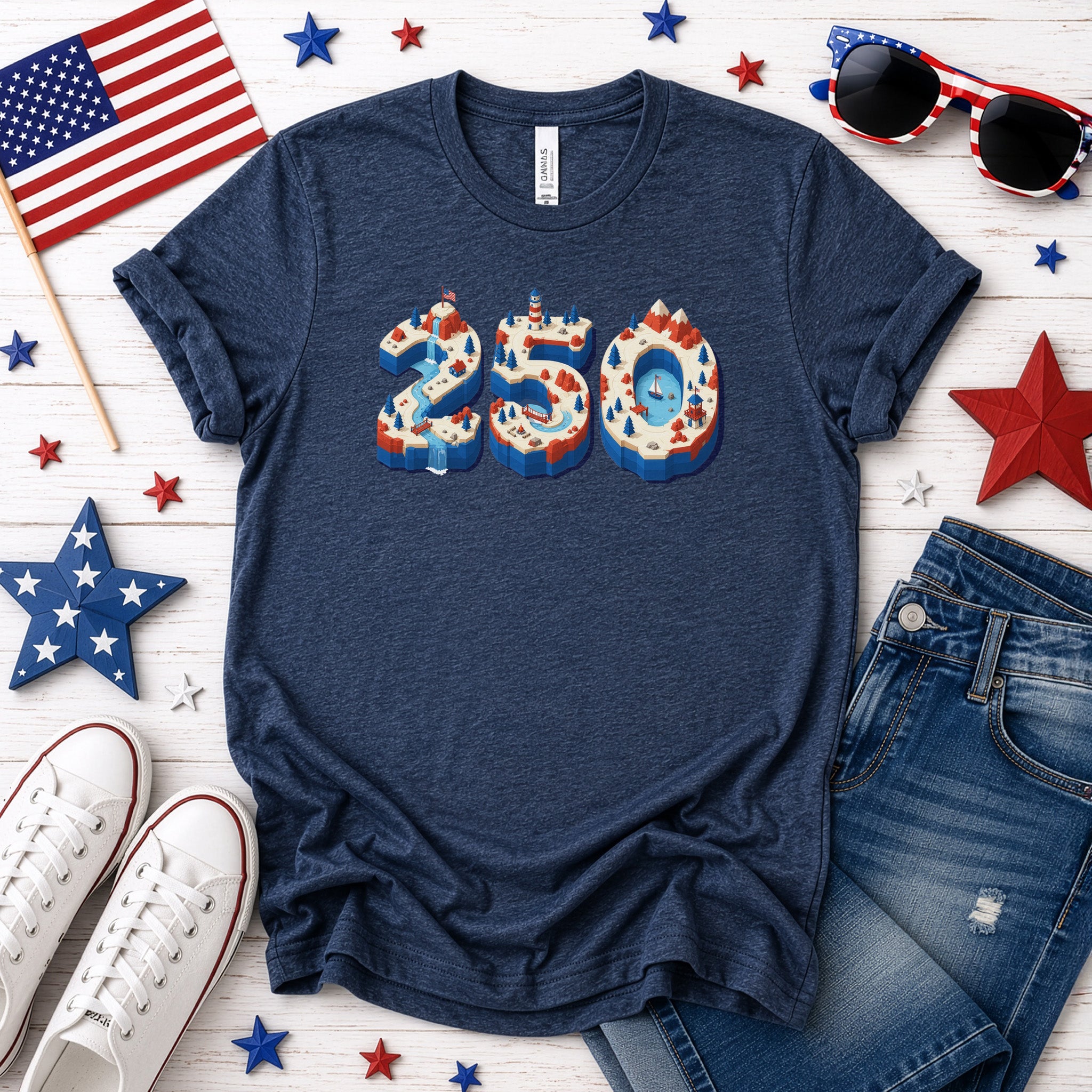 USA 250th Anniversary Isometric 4th July Lighthouse Adventure T-Shirt