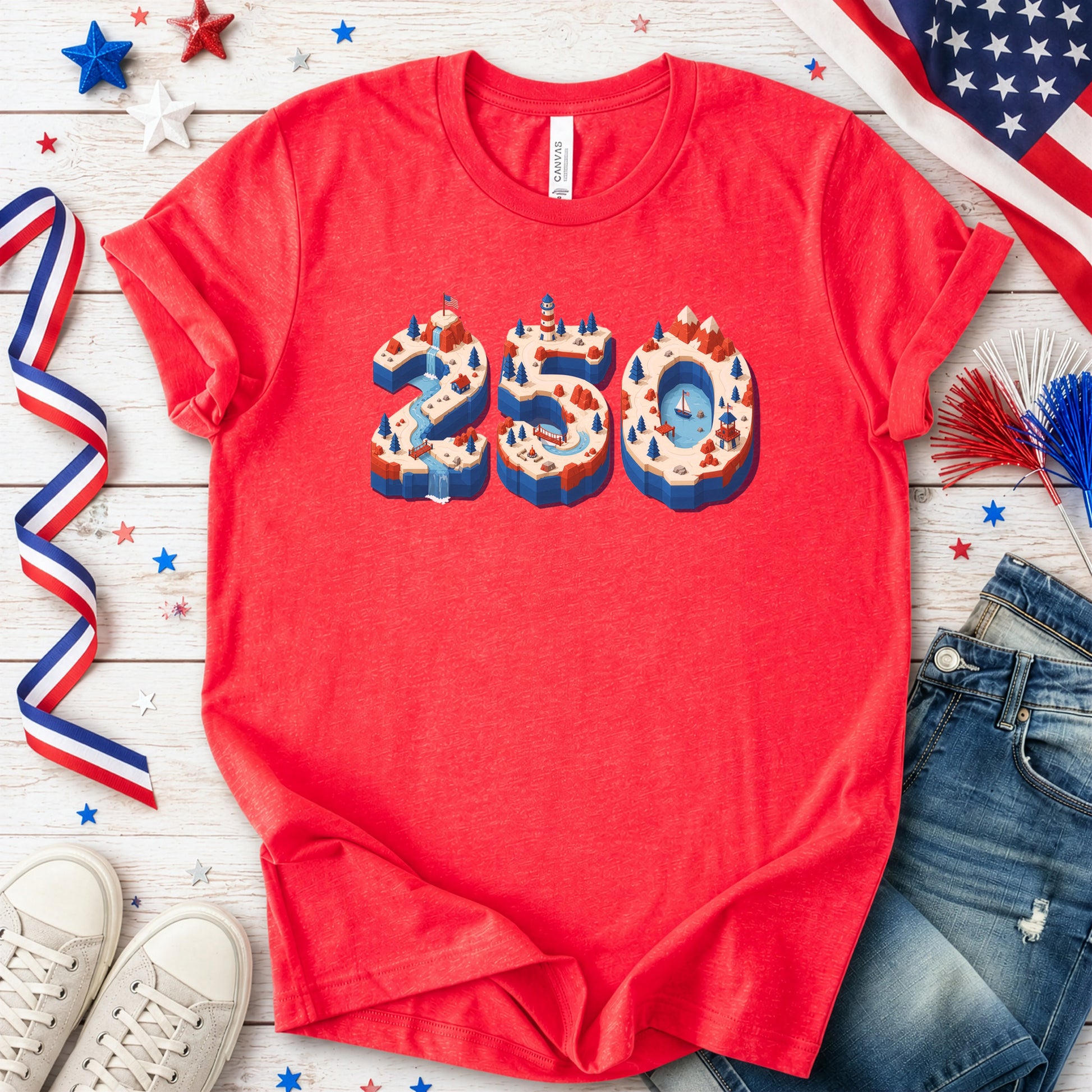 USA 250th Anniversary Isometric 4th July Lighthouse Adventure T-Shirt