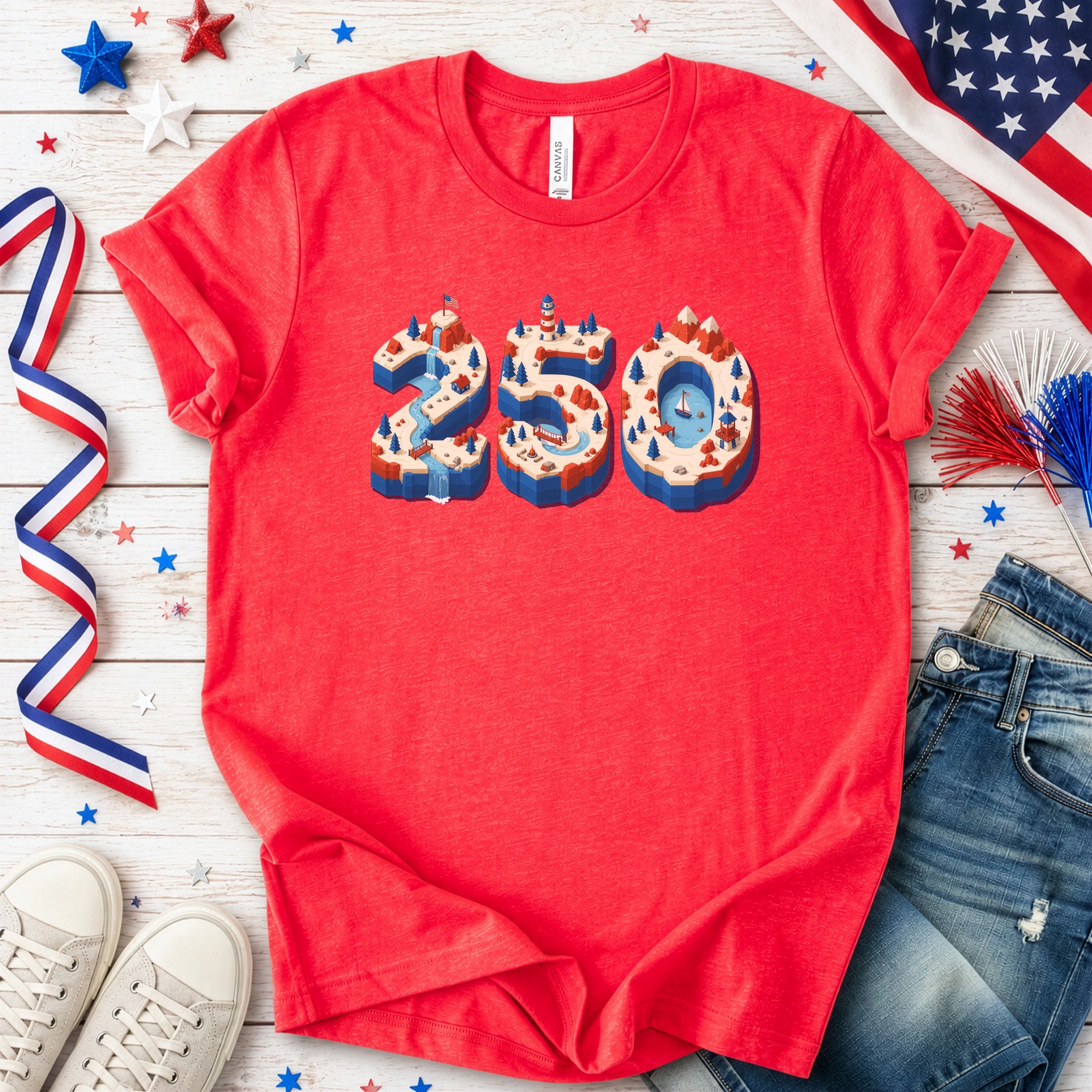 USA 250th Anniversary Isometric 4th July Lighthouse Adventure T-Shirt