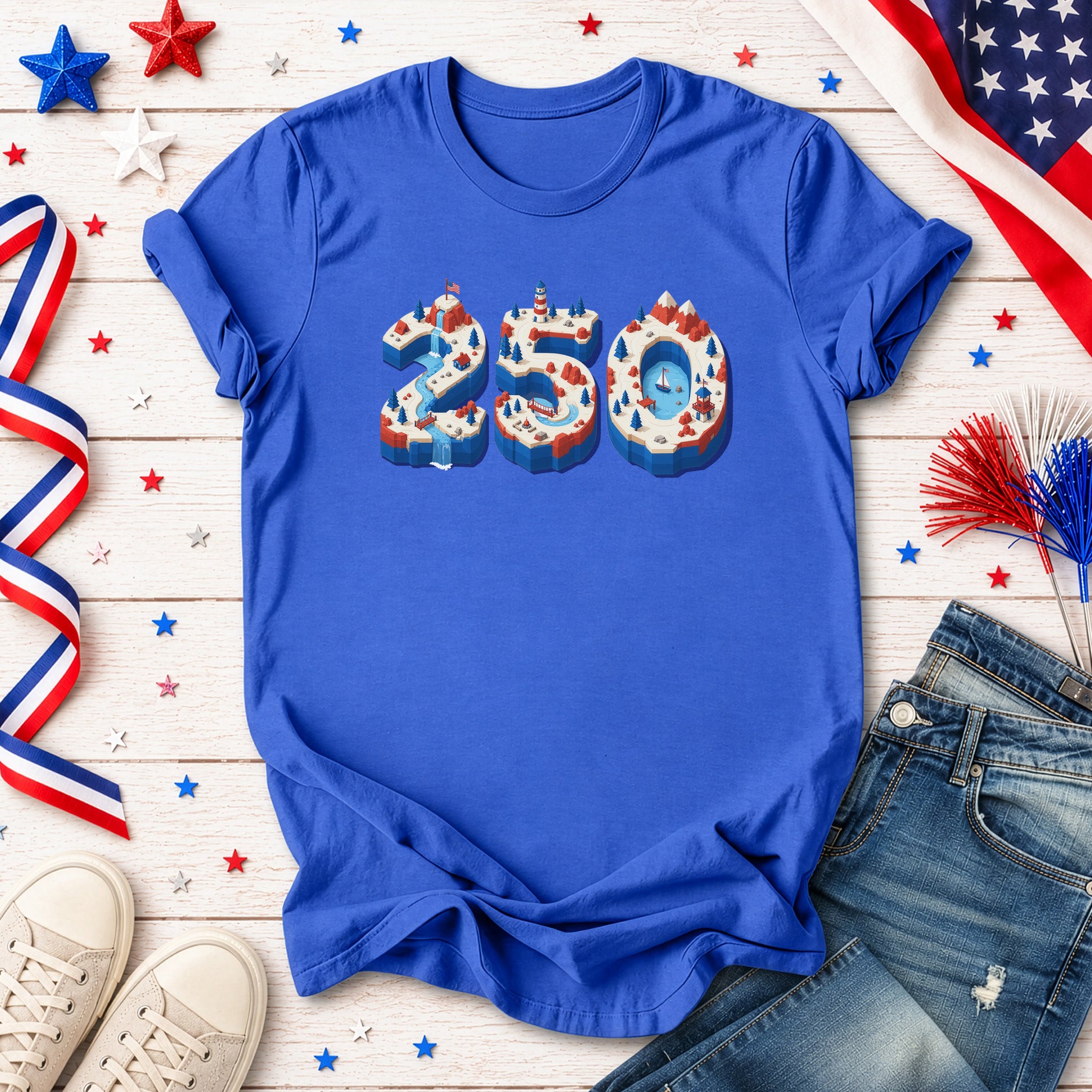 USA 250th Anniversary Isometric 4th July Lighthouse Adventure T-Shirt