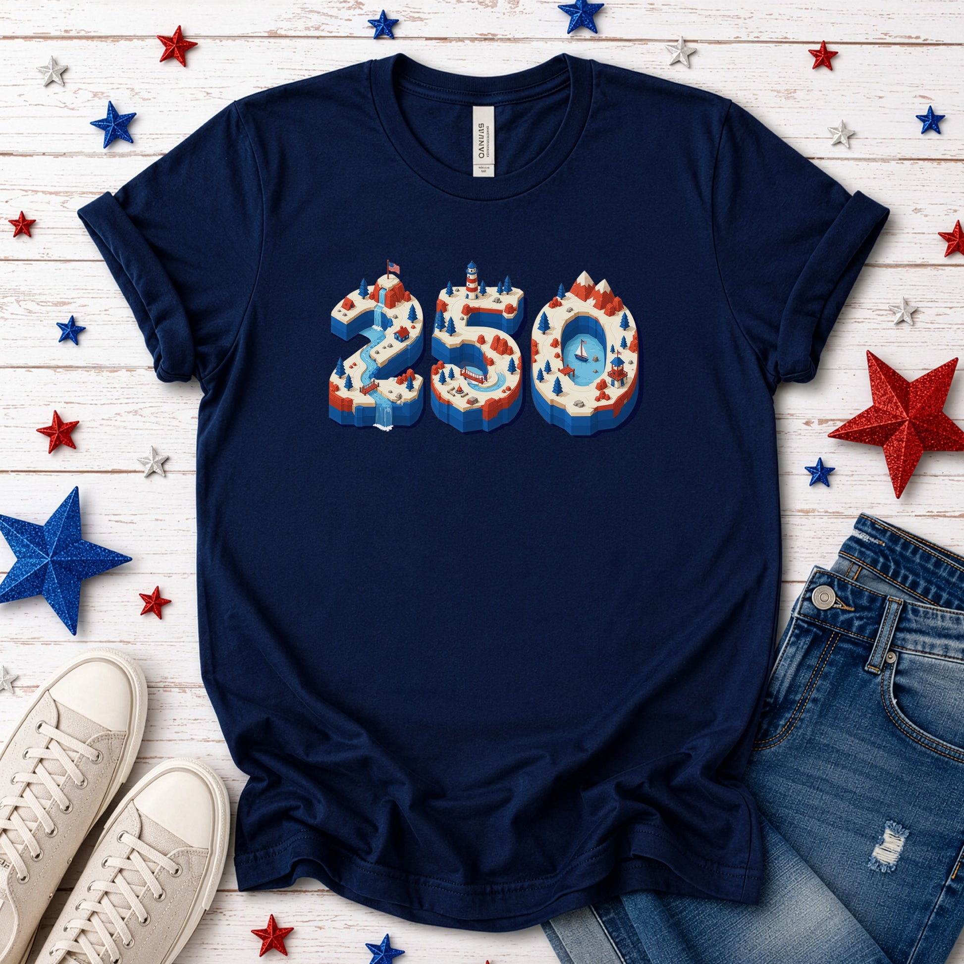 USA 250th Anniversary Isometric 4th July Lighthouse Adventure T-Shirt