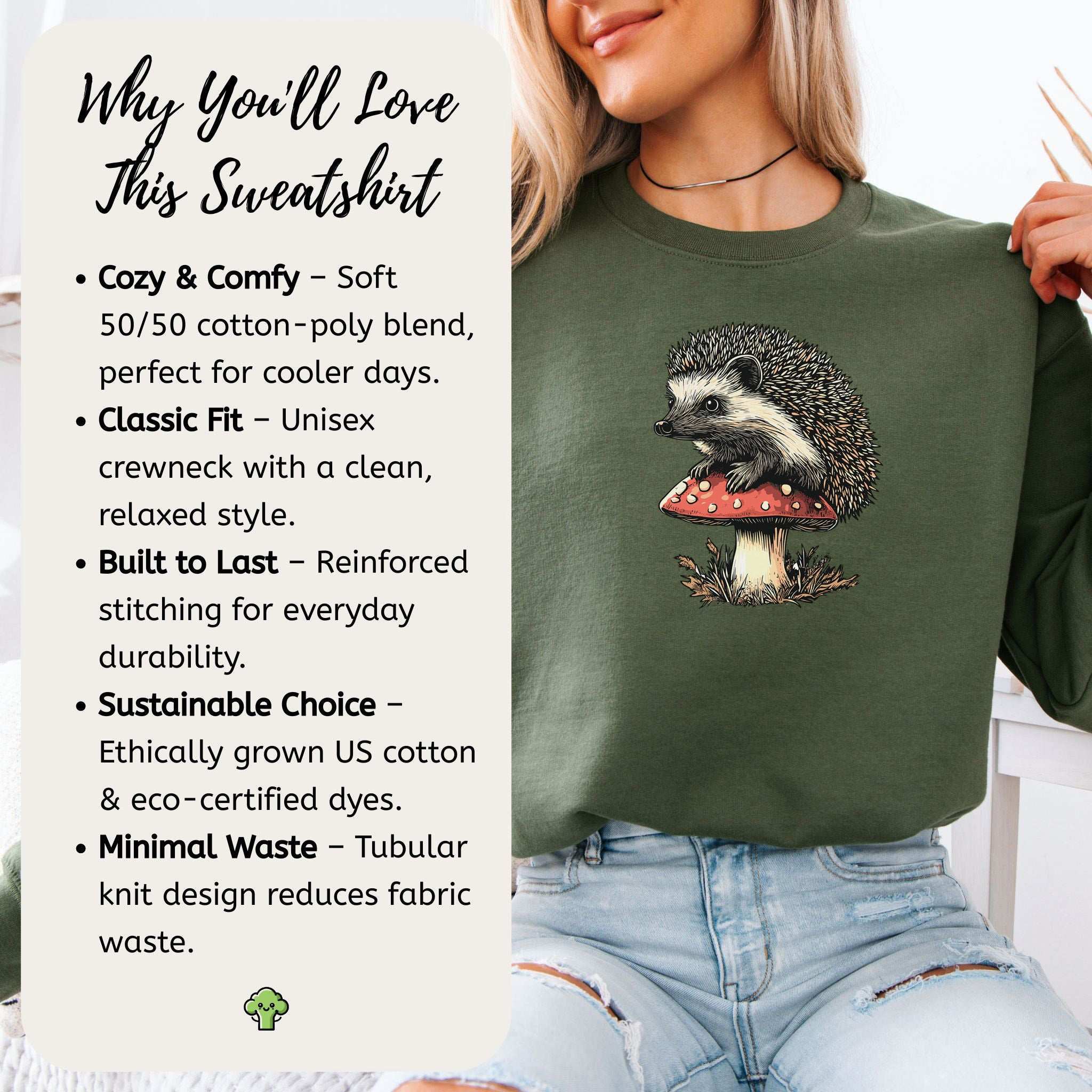 Hedgehog on Mushroom Sweatshirt – Vintage Woodland Gift with Cute Forest Vibes