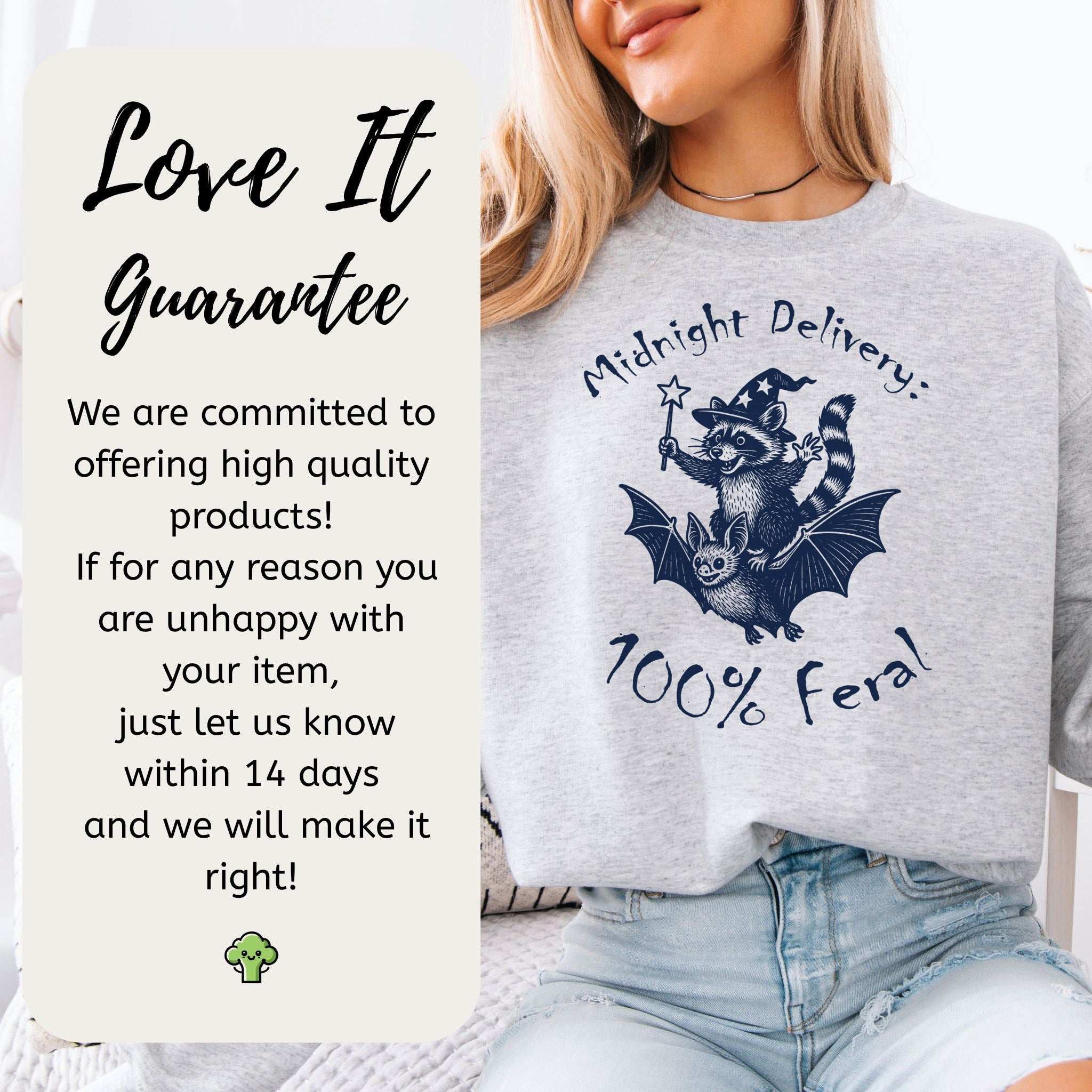 Midnight Delivery Raccoon Halloween Sweatshirt – 100% Feral Bat Ride Chaos