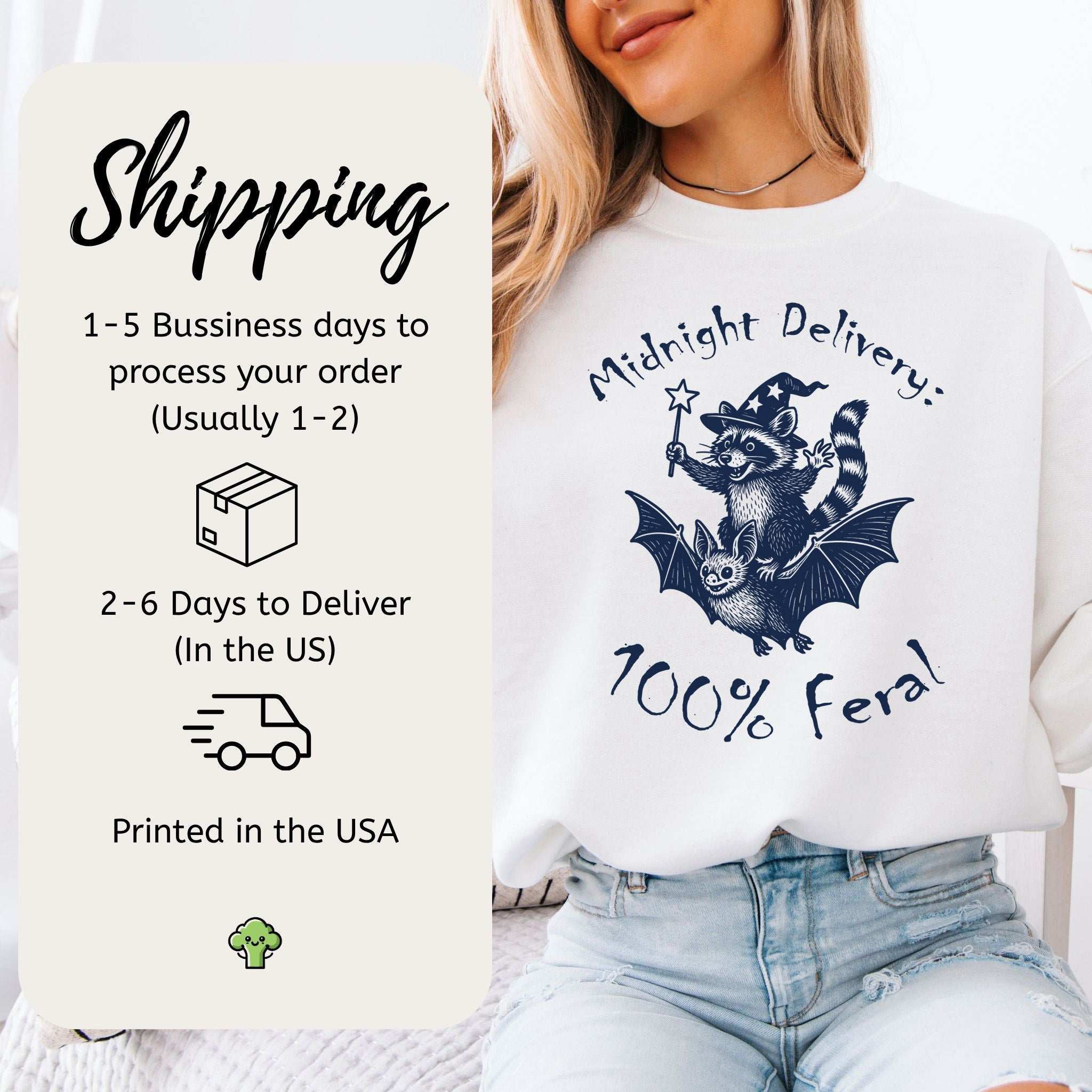 Midnight Delivery Raccoon Halloween Sweatshirt – 100% Feral Bat Ride Chaos