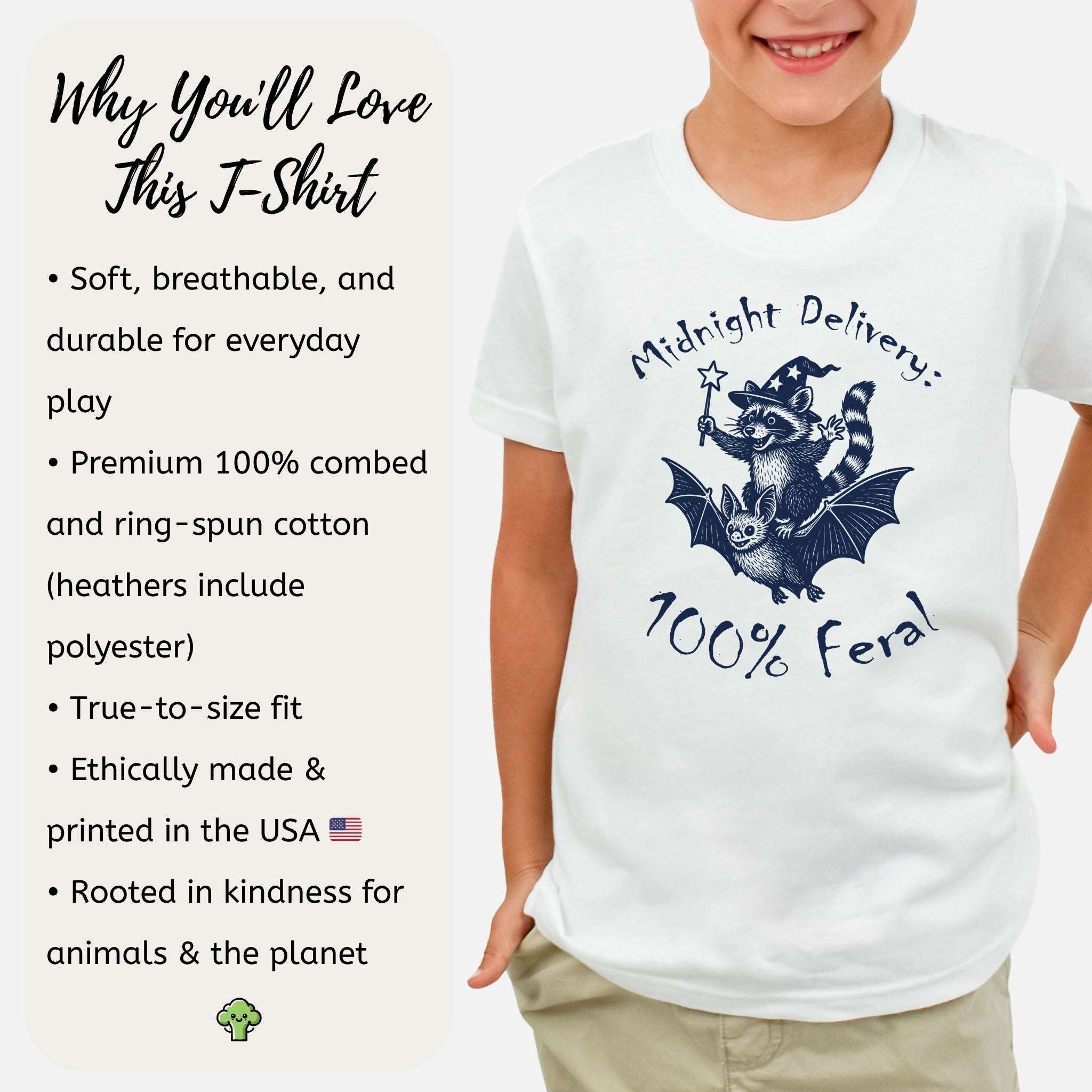 Midnight Delivery Raccoon Halloween Youth Tee – 100% Feral Bat Ride