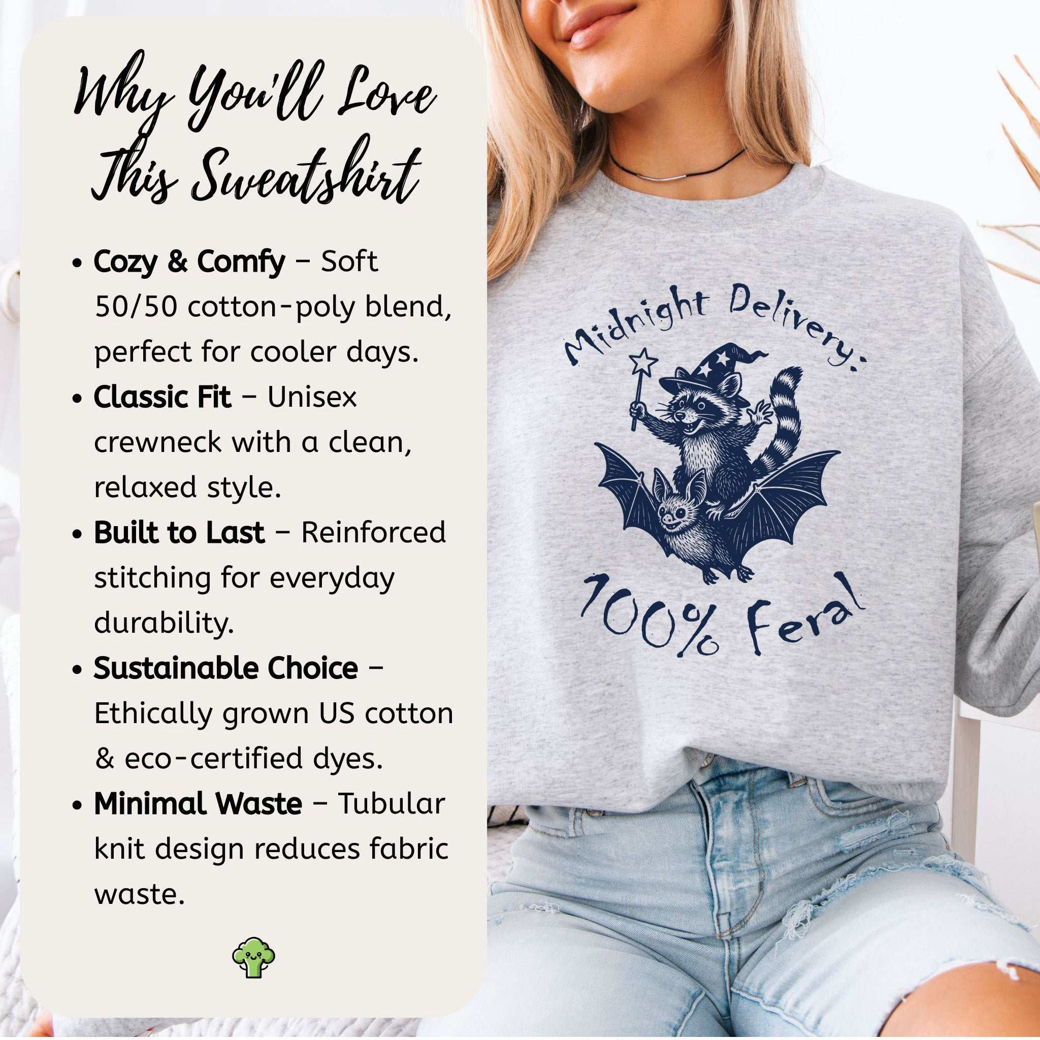 Midnight Delivery Raccoon Halloween Sweatshirt – 100% Feral Bat Ride Chaos