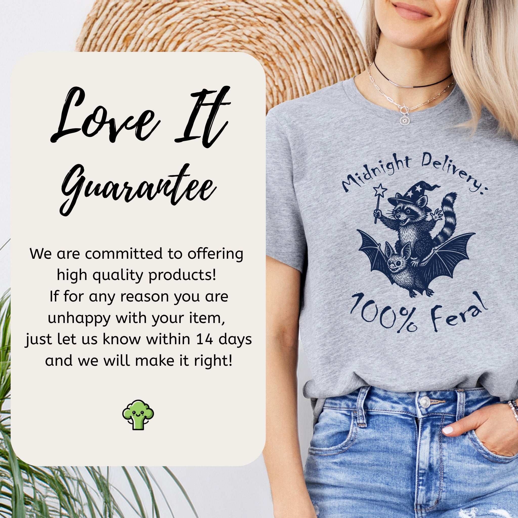 Midnight Delivery Raccoon Halloween T-shirt featuring a playful raccoon riding a bat, stylish and perfect for Halloween lovers.