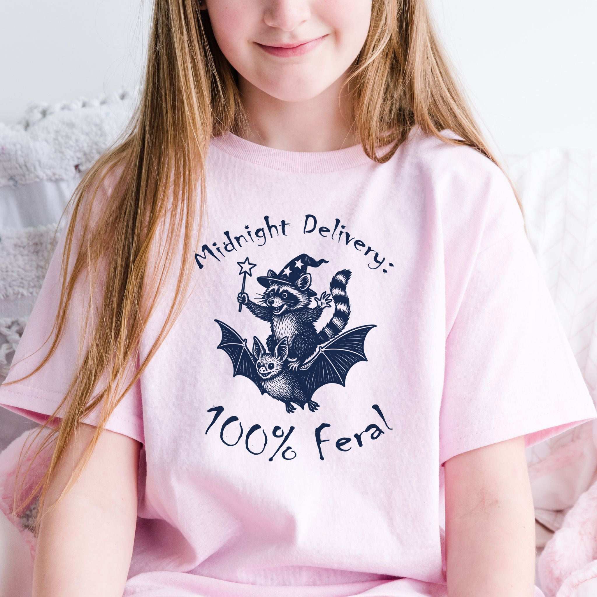 Midnight Delivery Raccoon Halloween Youth Tee – 100% Feral Bat Ride