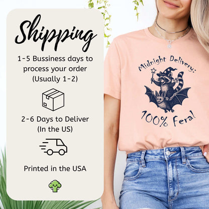 Model wearing Midnight Delivery Raccoon Halloween T-shirt showcasing shipping details and delivery times.