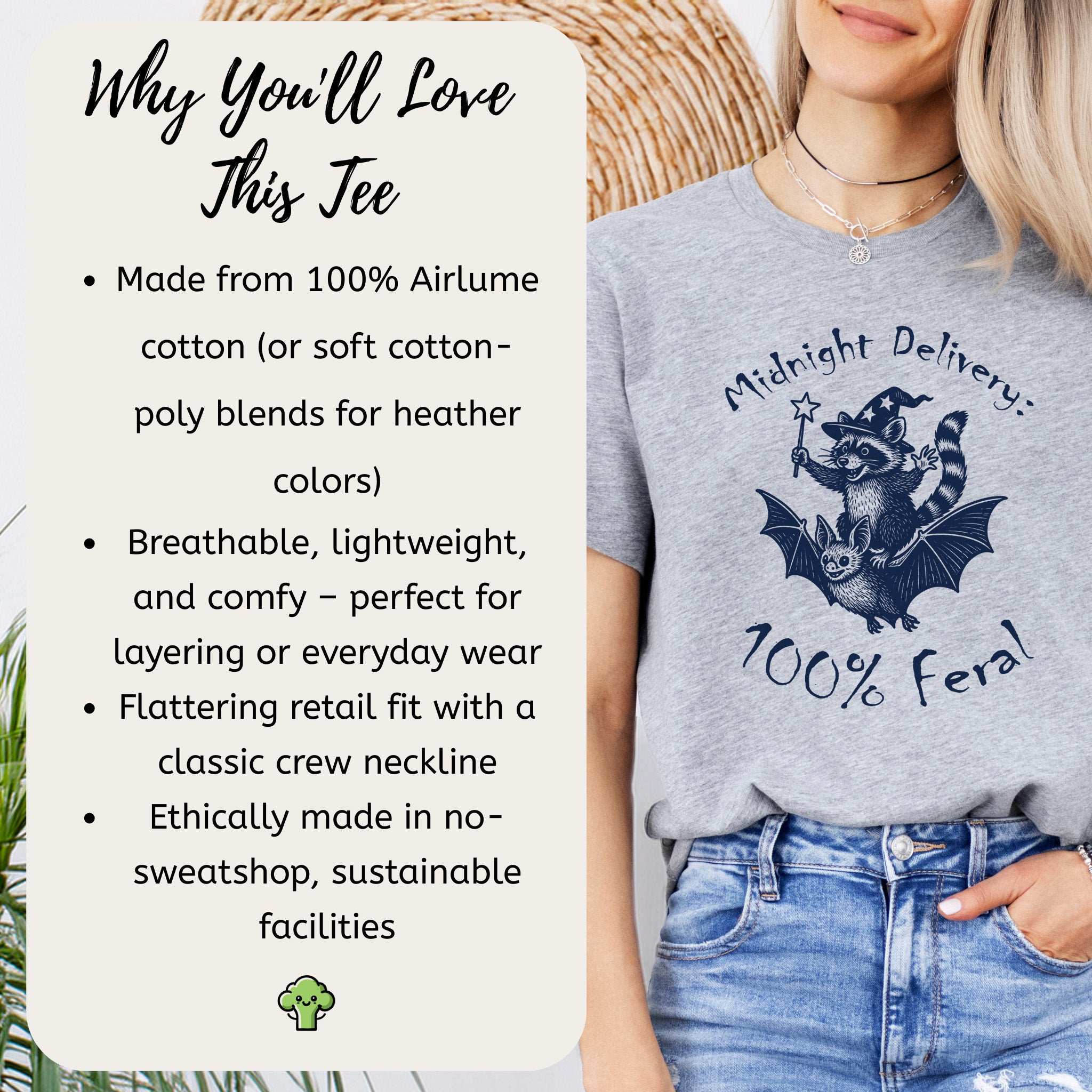 Midnight Delivery Raccoon Halloween T-shirt, 100% Feral, breathable, comfy, ethically made for Halloween enthusiasts.