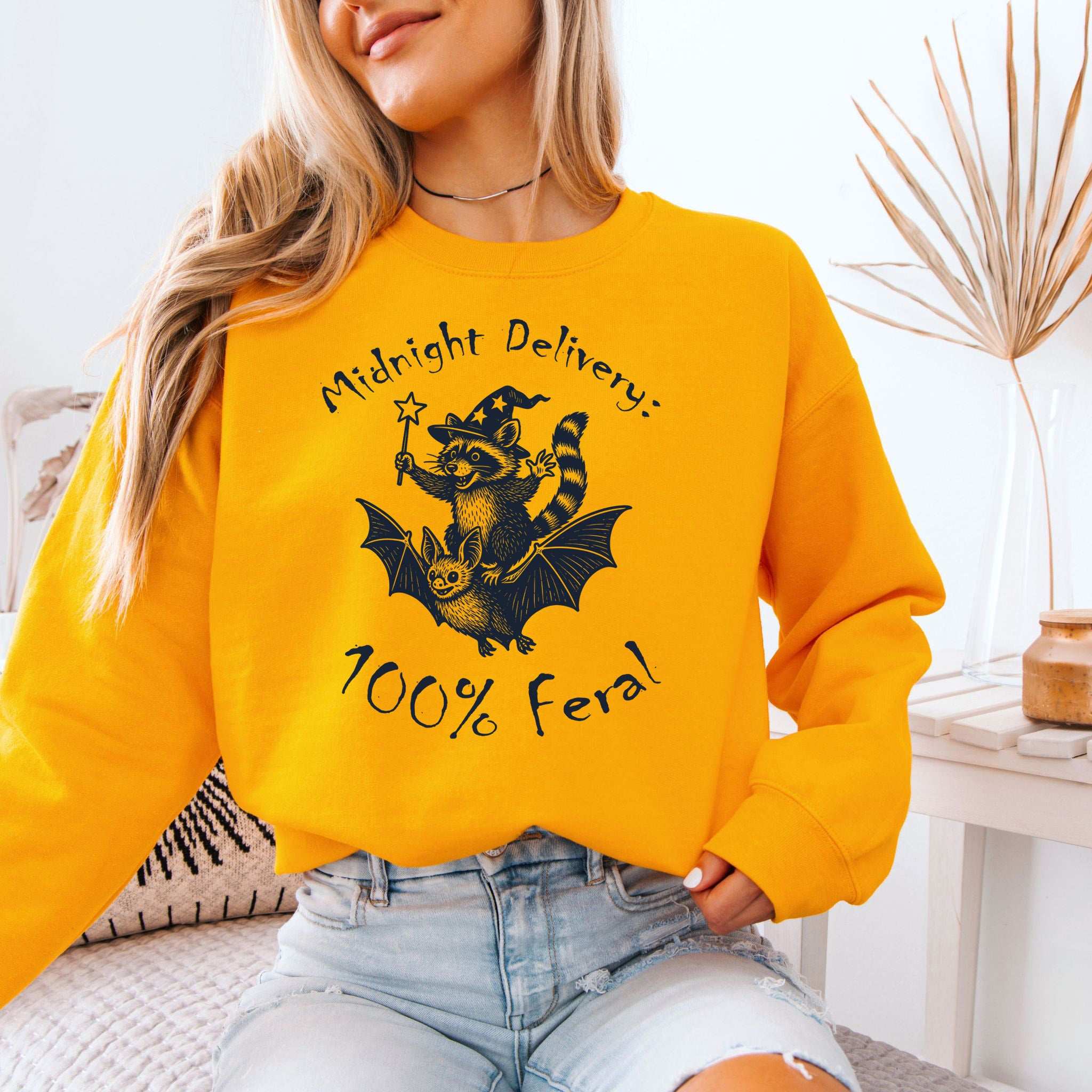Midnight Delivery Raccoon Halloween Sweatshirt – 100% Feral Bat Ride Chaos
