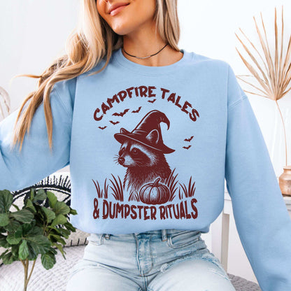 Campfire Tales Raccoon Halloween Sweatshirt – Dumpster Rituals Witchy Vibes