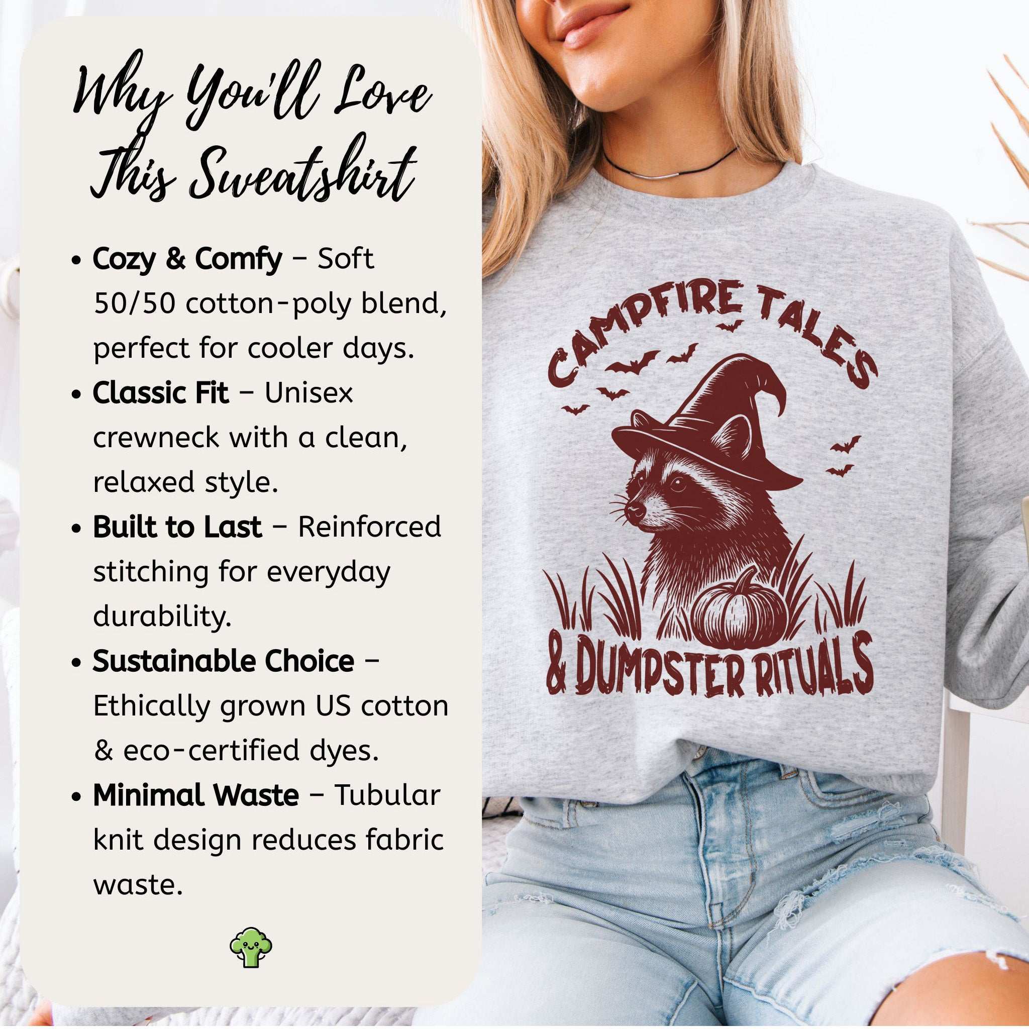 Campfire Tales Raccoon Halloween Sweatshirt – Dumpster Rituals Witchy Vibes
