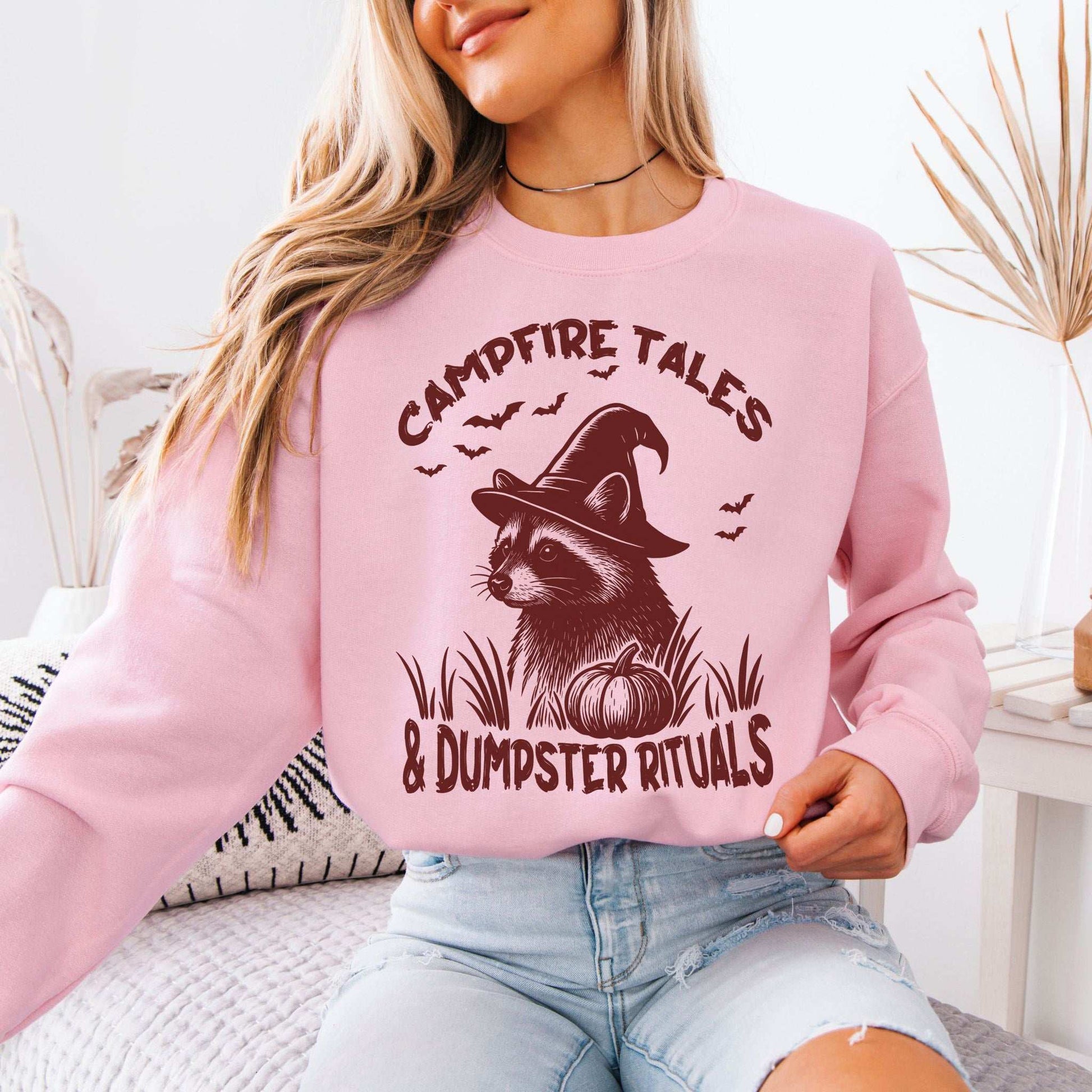 Campfire Tales Raccoon Halloween Sweatshirt – Dumpster Rituals Witchy Vibes