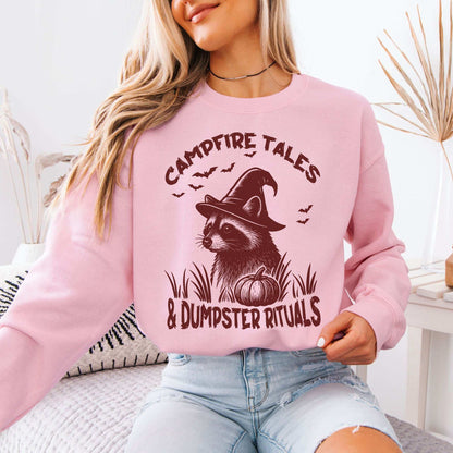 Campfire Tales Raccoon Halloween Sweatshirt – Dumpster Rituals Witchy Vibes