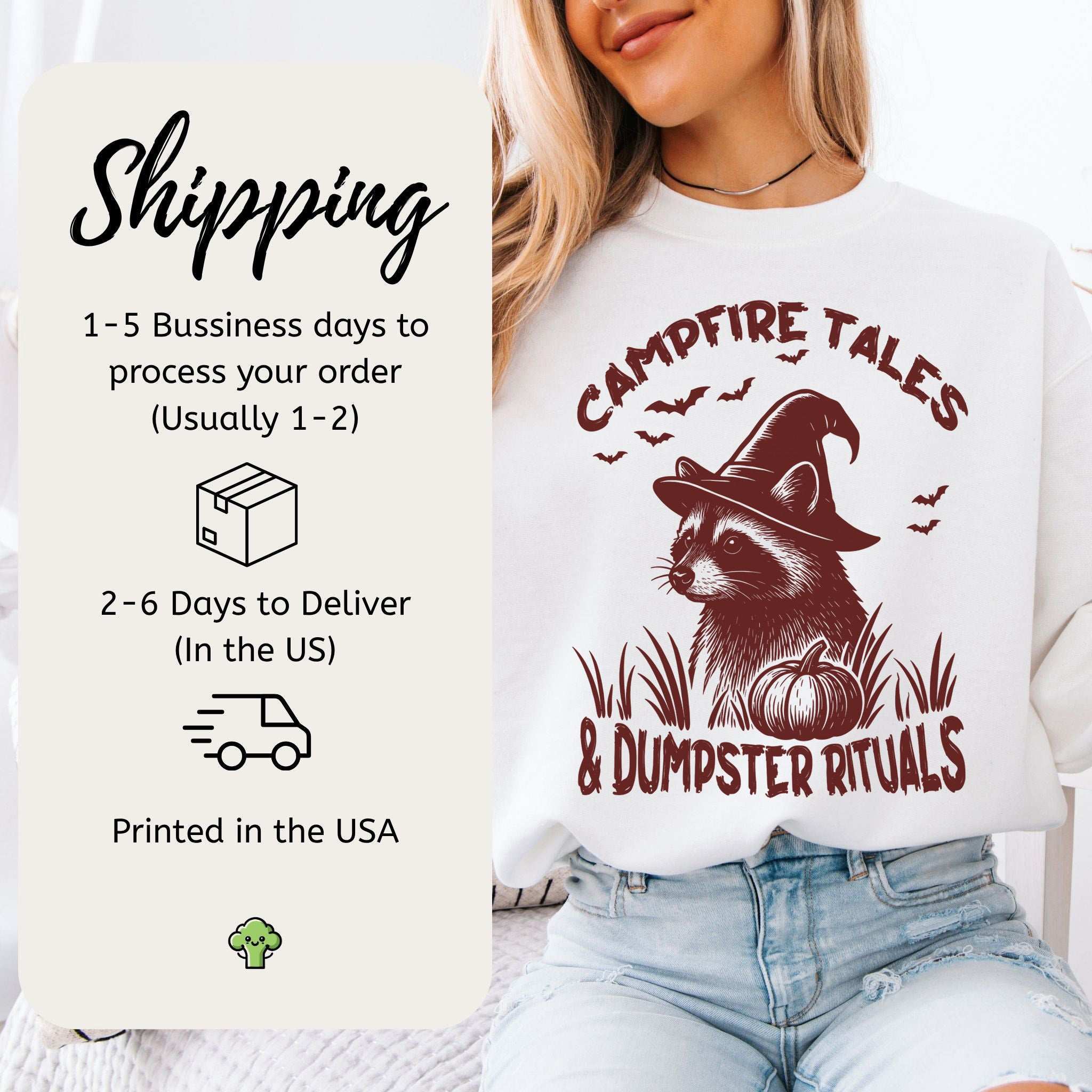 Campfire Tales Raccoon Halloween Sweatshirt – Dumpster Rituals Witchy Vibes