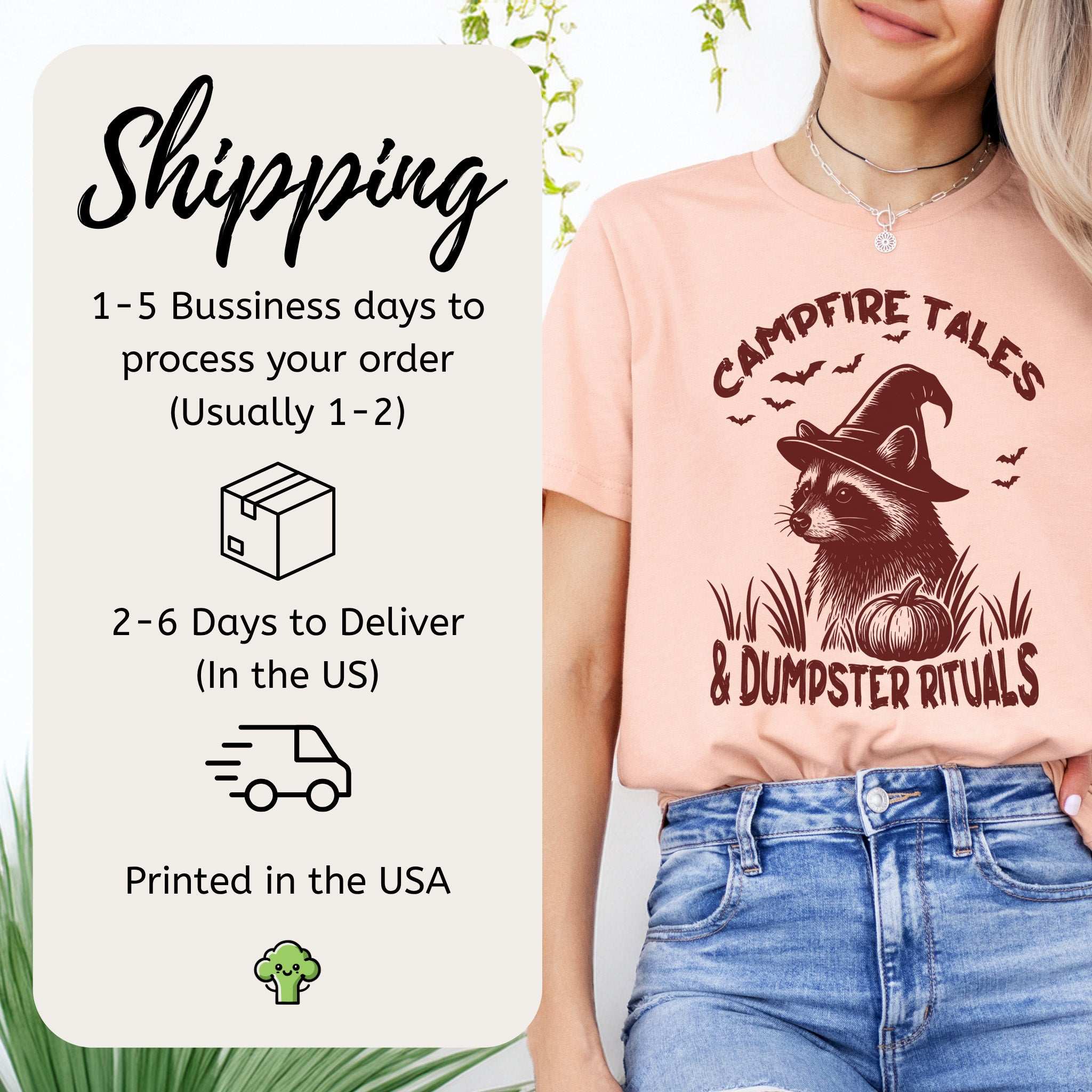 Campfire Tales raccoon Halloween T-shirt shipping info, featuring a woman wearing the tee in a cozy setting.