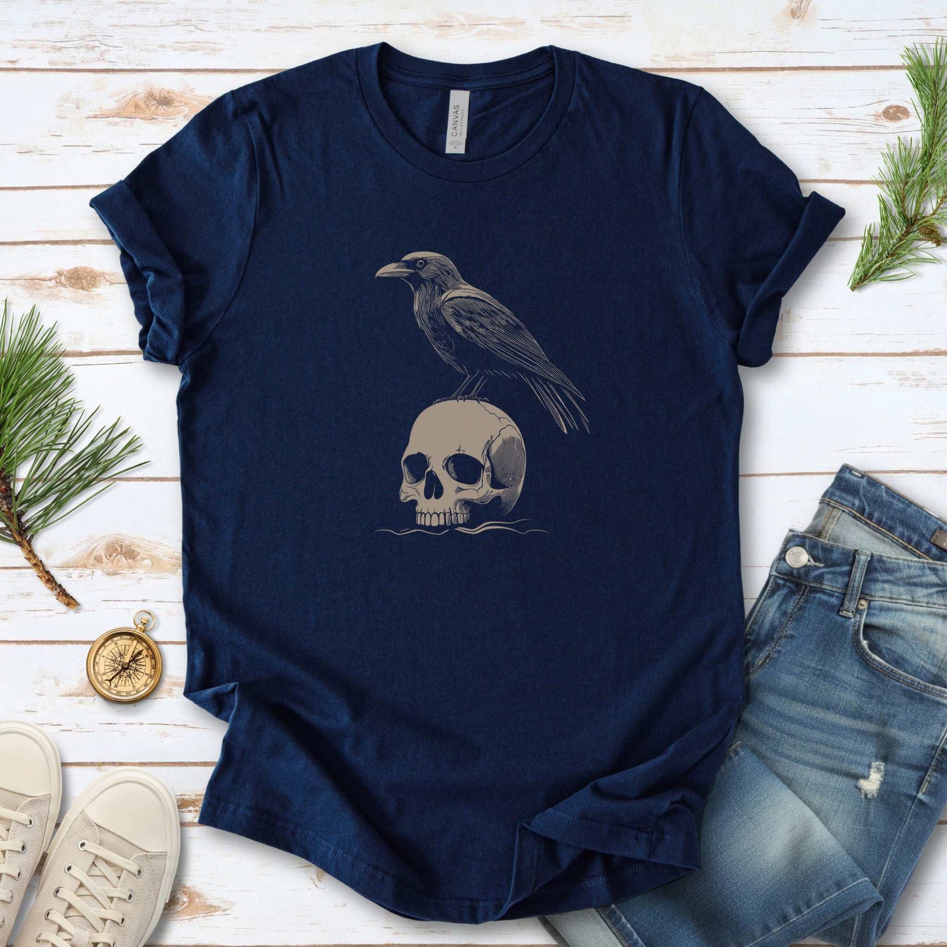 Raven on Skull T-Shirt – Bold and Realistic Gothic Design