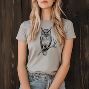 Owl on a Branch Sketch T-Shirt – Black and White Art