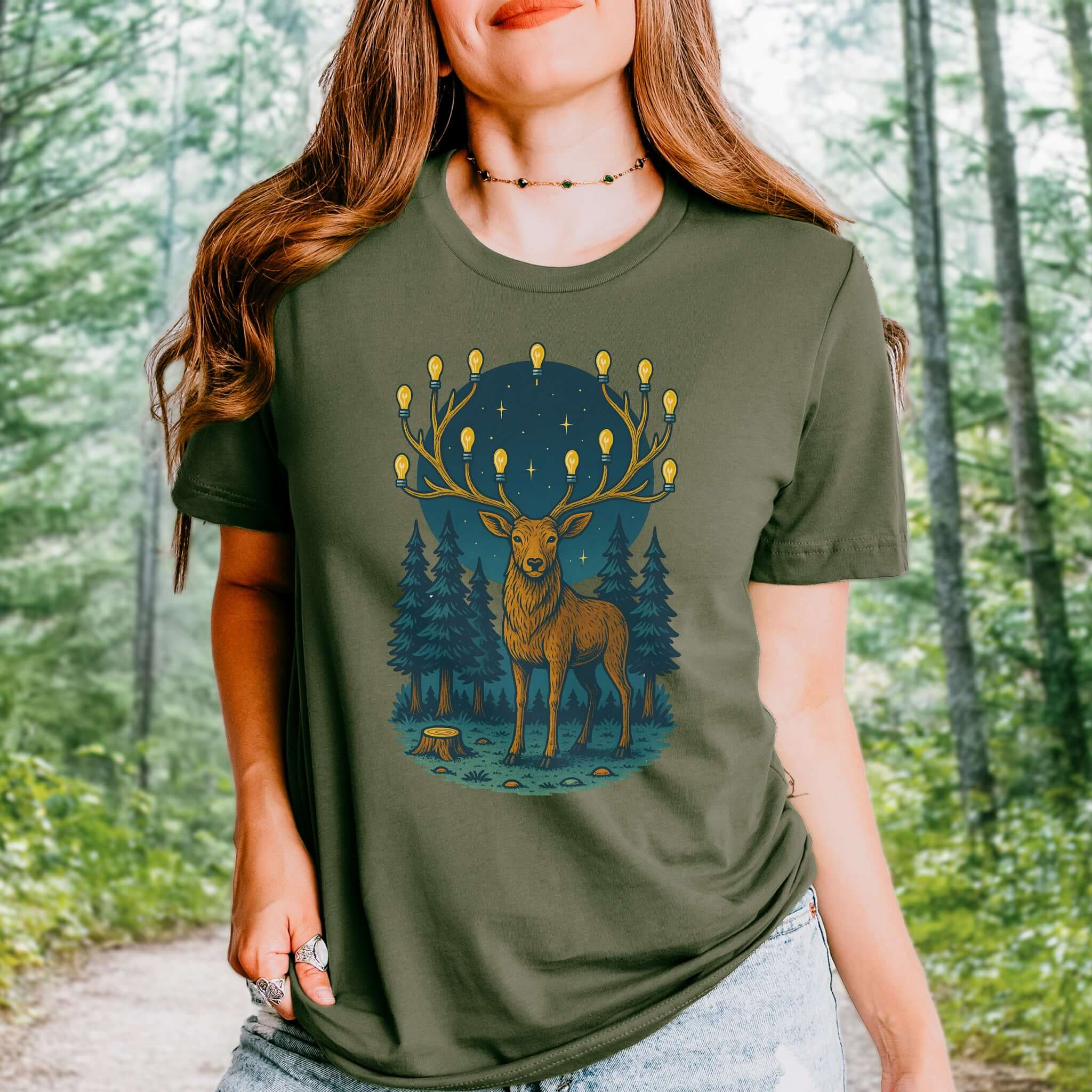 Elk with Lantern Antlers – Forest Glow T-Shirt