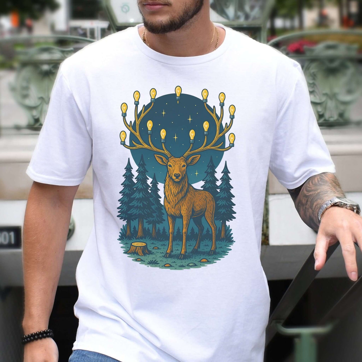 Elk with Lantern Antlers – Forest Glow T-Shirt