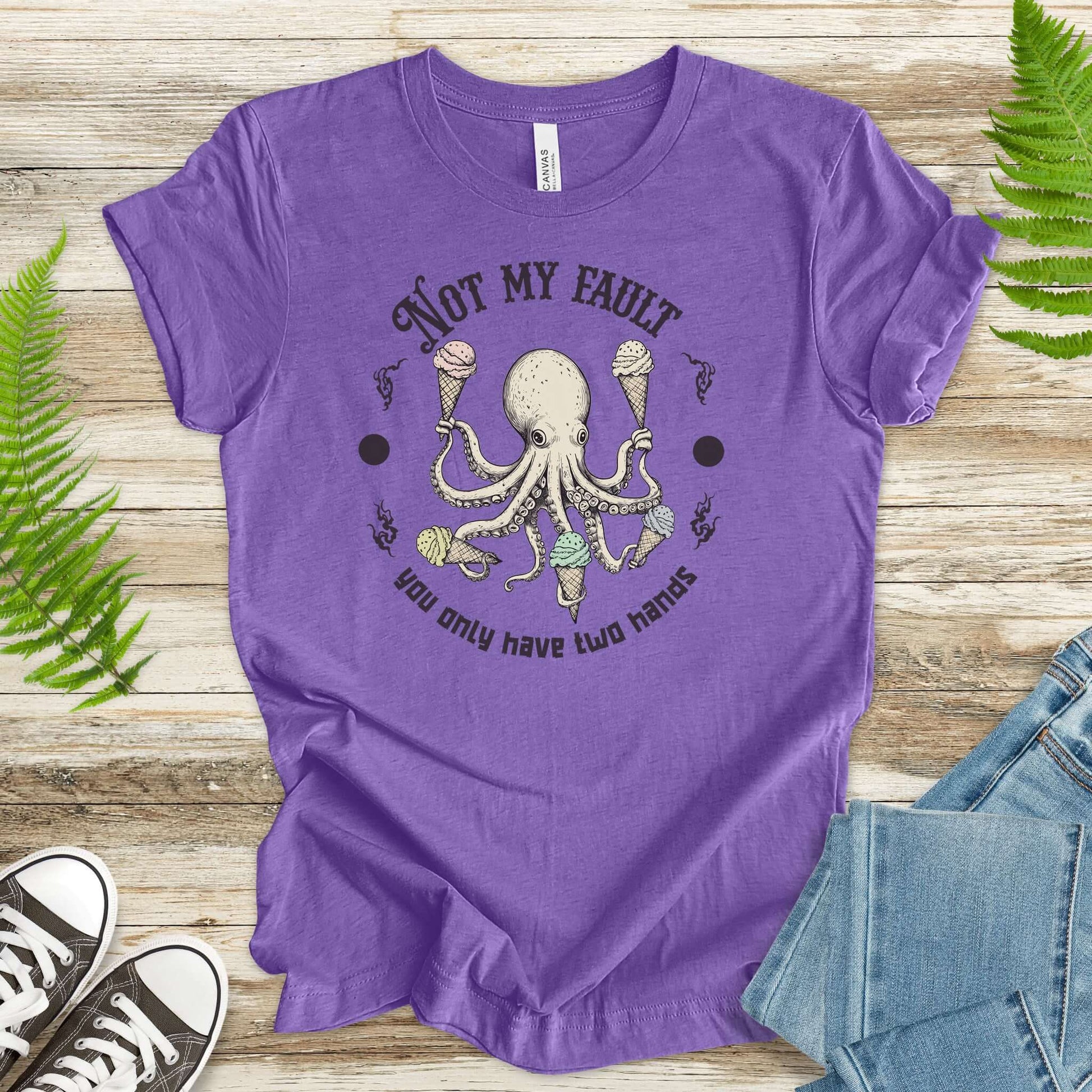 Funny octopus T-shirt in purple with ice cream design, perfect for animal lovers and humor enthusiasts.