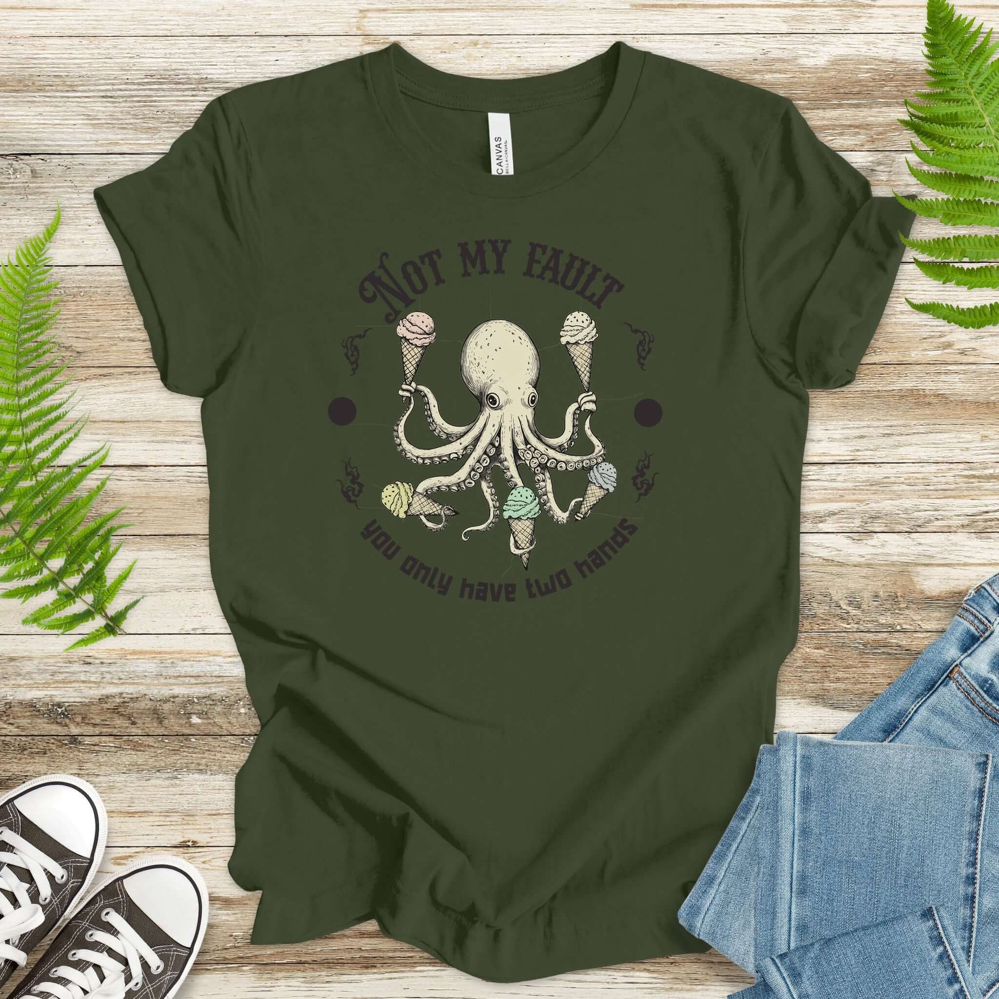 Funny octopus T-shirt featuring an octopus with ice cream cones, perfect for animal lovers and dessert enthusiasts.