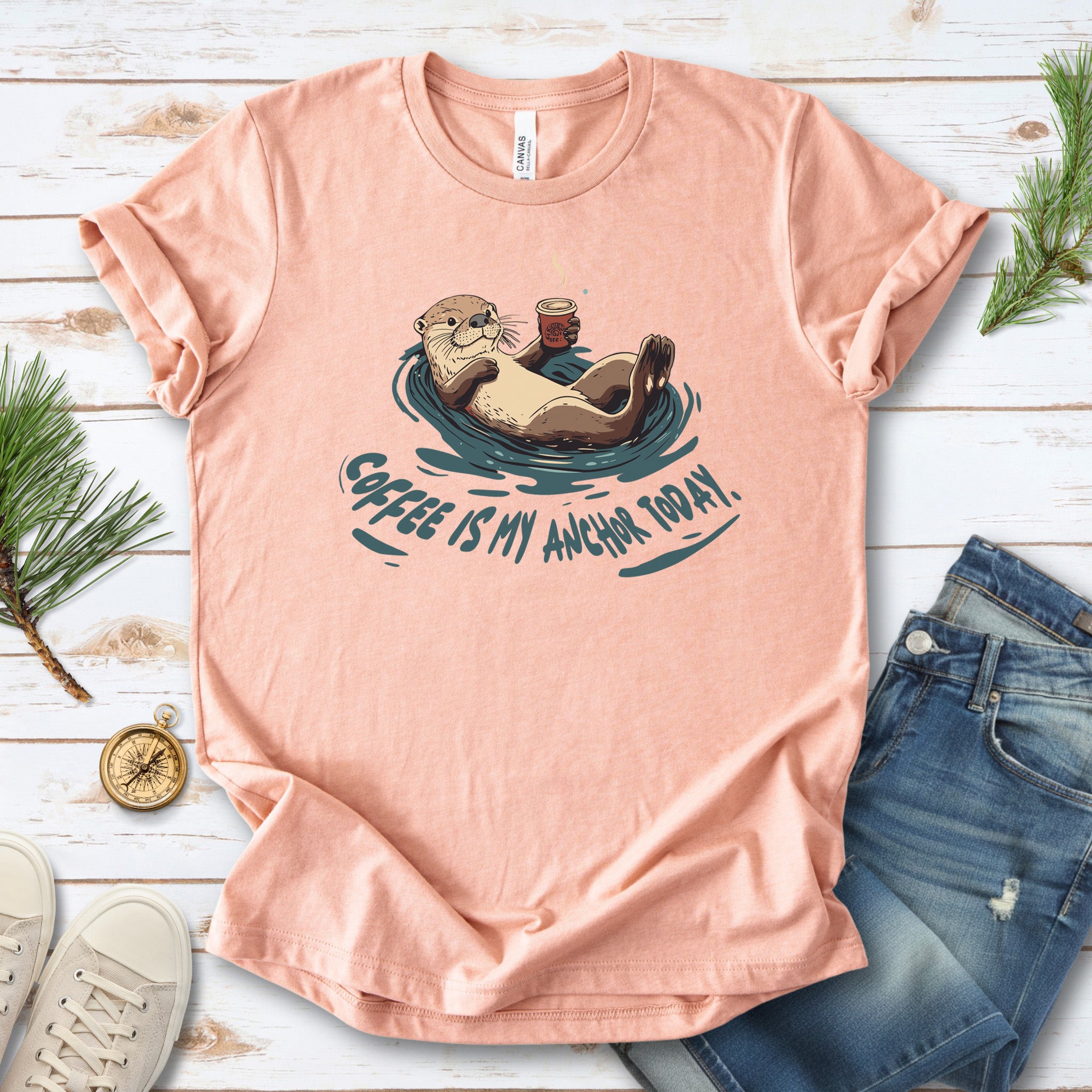 Coffee Is My Anchor Today – Playful Otter T-Shirt