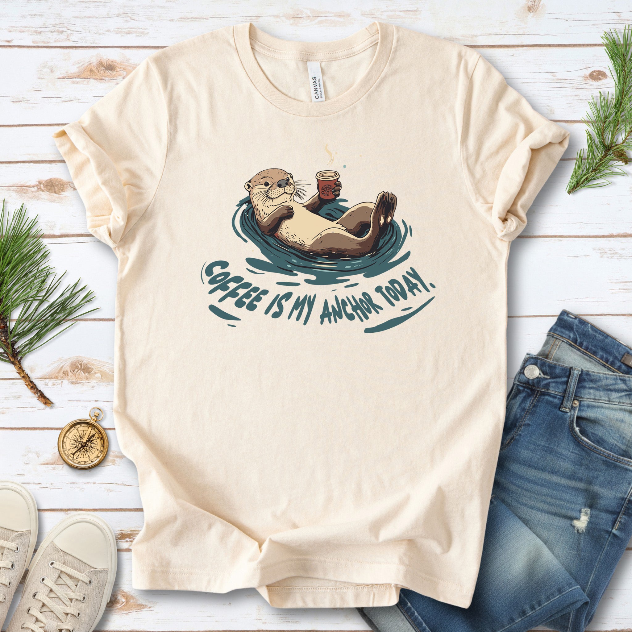 Coffee Is My Anchor Today – Playful Otter T-Shirt