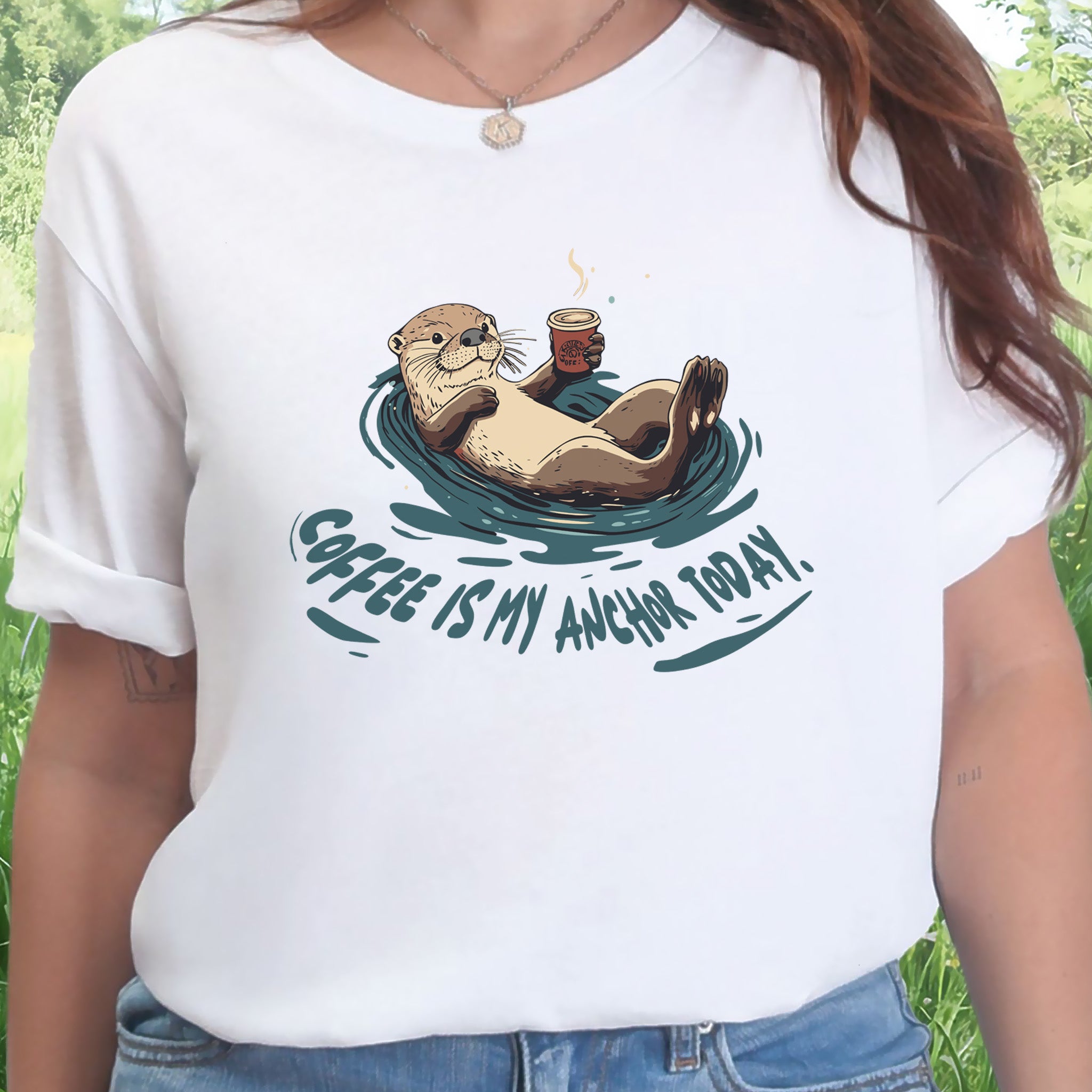Coffee Is My Anchor Today – Playful Otter T-Shirt