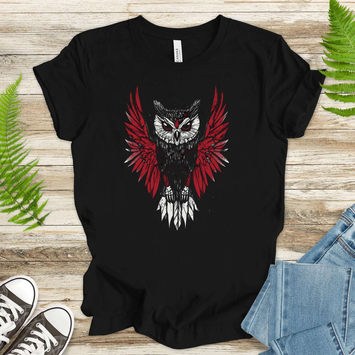 Mystic Flight – Abstract Red Spirit Owl T-Shirt