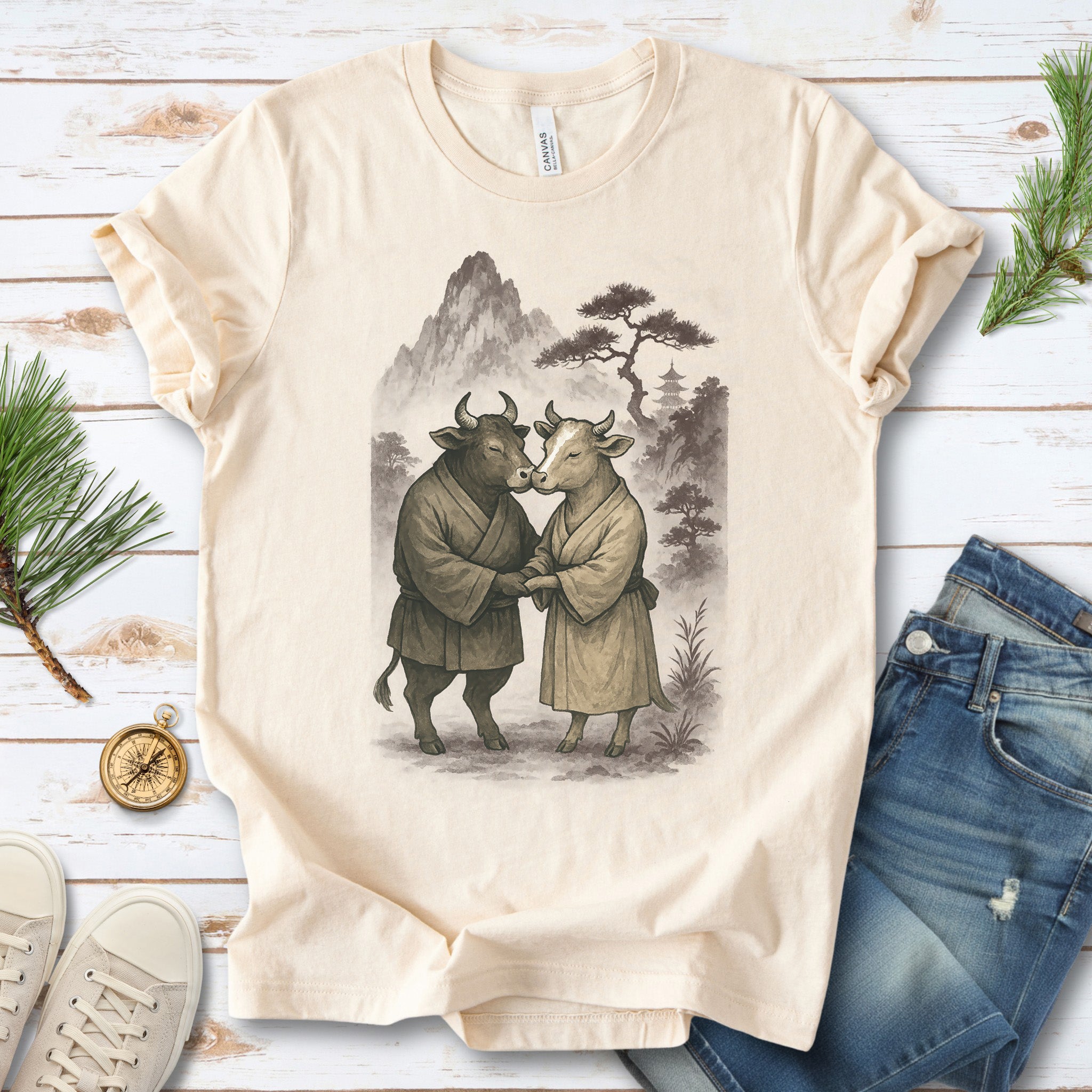 Bull and Cow Love T-Shirt – Vintage Japanese Romance Animal Shirt
