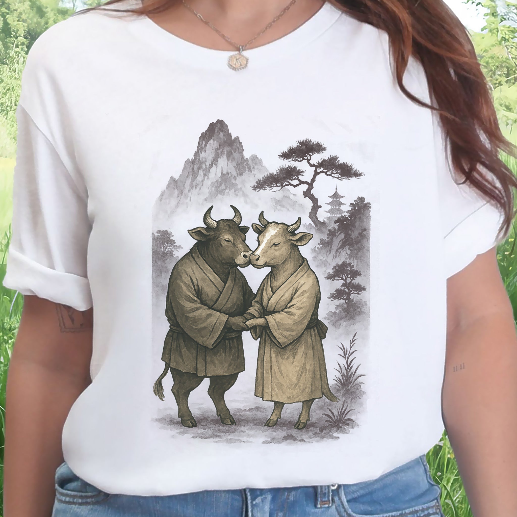 Bull and Cow Love T-Shirt – Vintage Japanese Romance Animal Shirt
