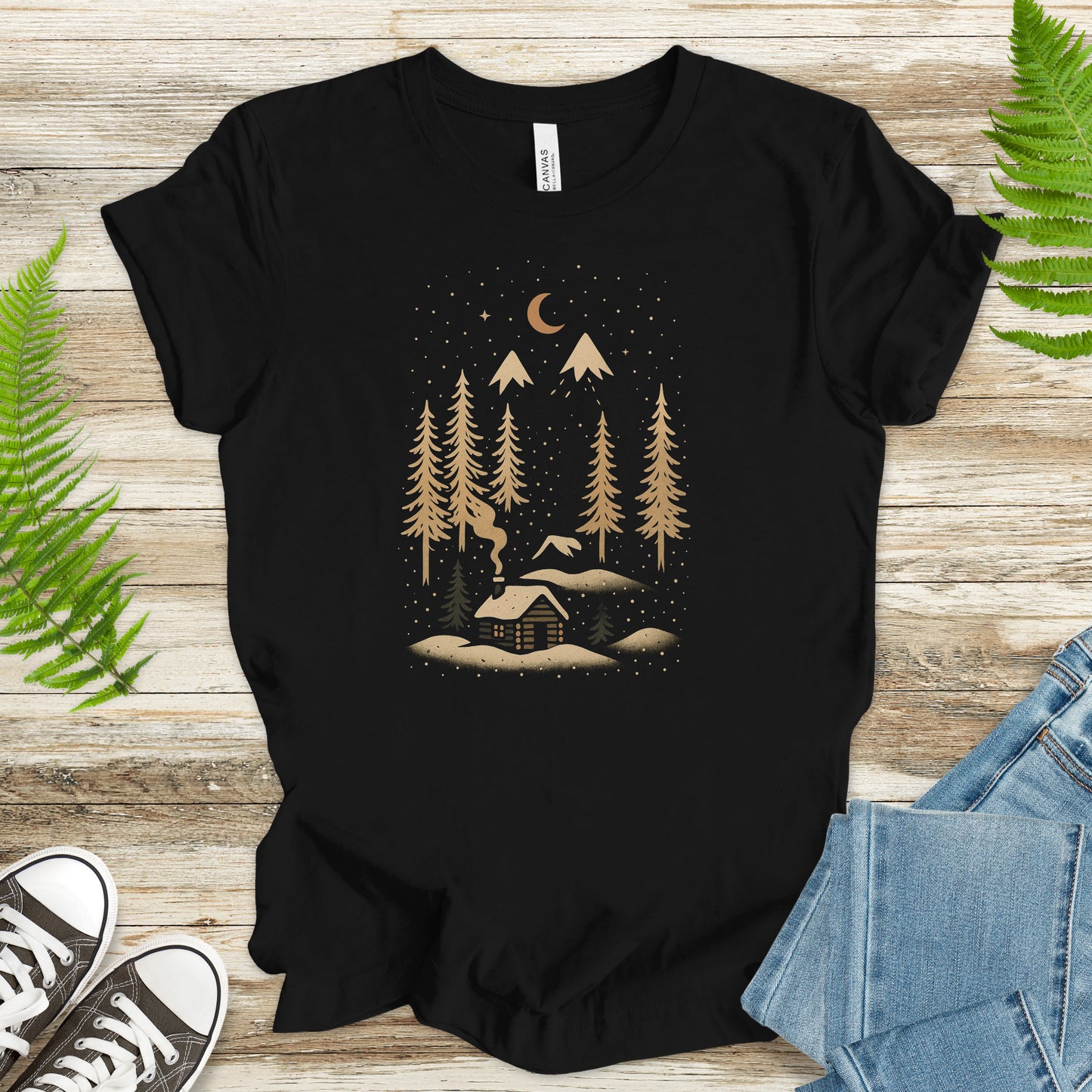 Snowy Night Cabin T-Shirt – Cozy Winter Mountain Escape Tee