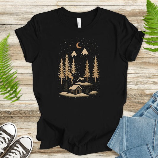 Snowy Night Cabin T-Shirt – Cozy Winter Mountain Escape Tee