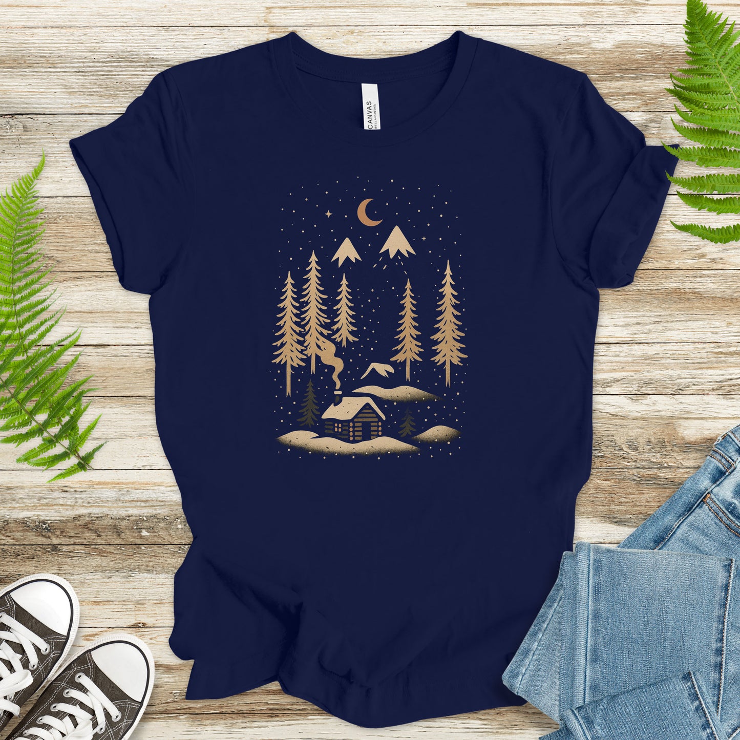 Snowy Night Cabin T-Shirt – Cozy Winter Mountain Escape Tee