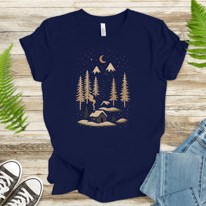 Snowy Night Cabin T-Shirt – Cozy Winter Mountain Escape Tee