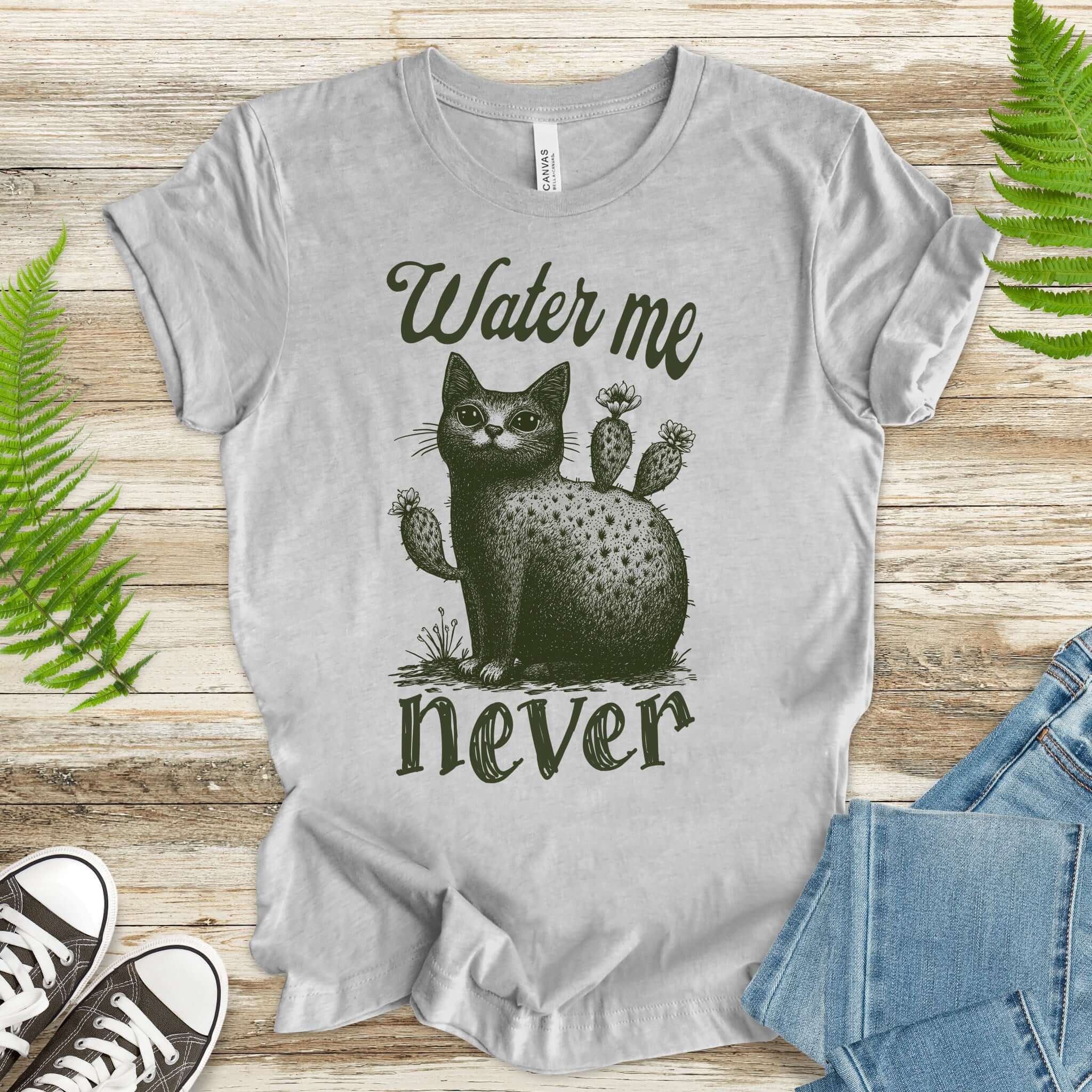 Cactus Cat Water Me Never T-Shirt