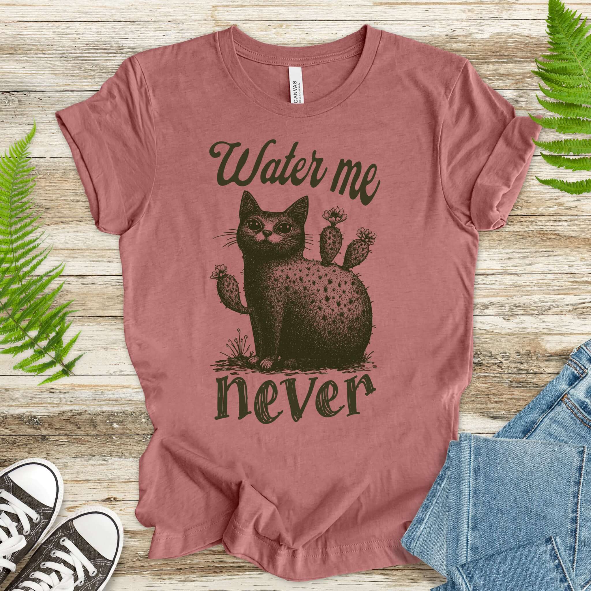 Cactus Cat Water Me Never T-Shirt