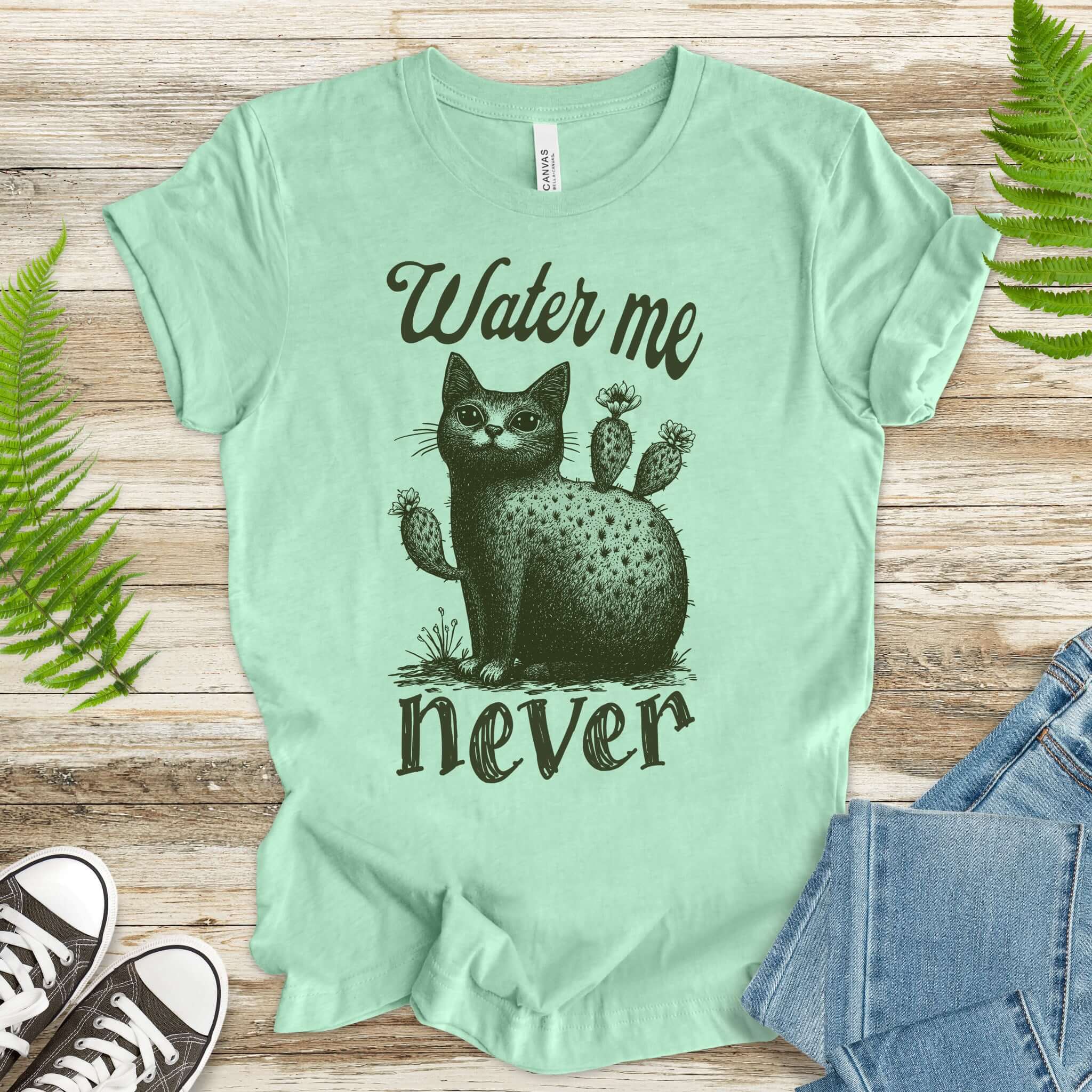 Cactus Cat Water Me Never T-Shirt